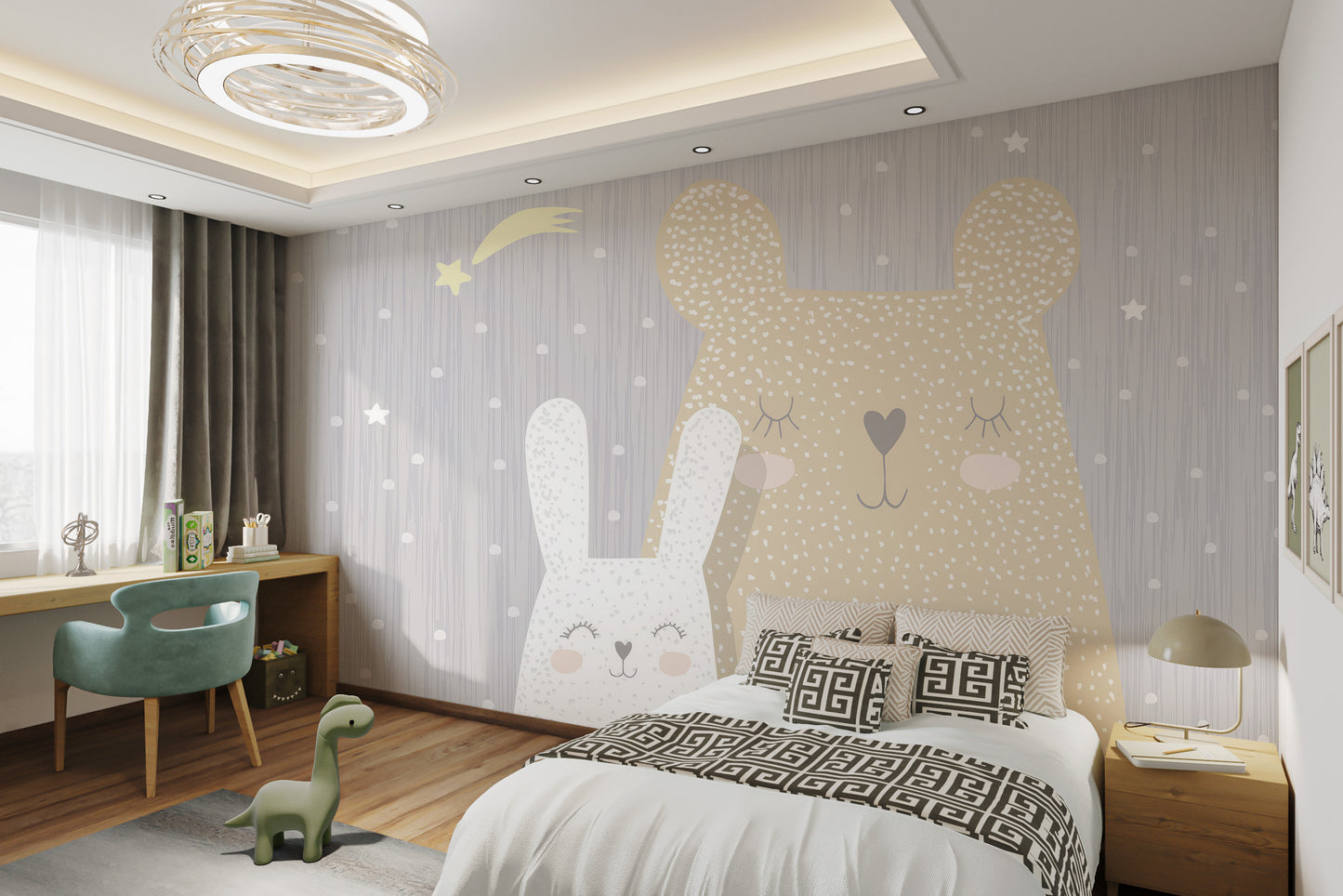 Sleepy bear and bunny duo with a shooting star and dotted sky in light gray tones.