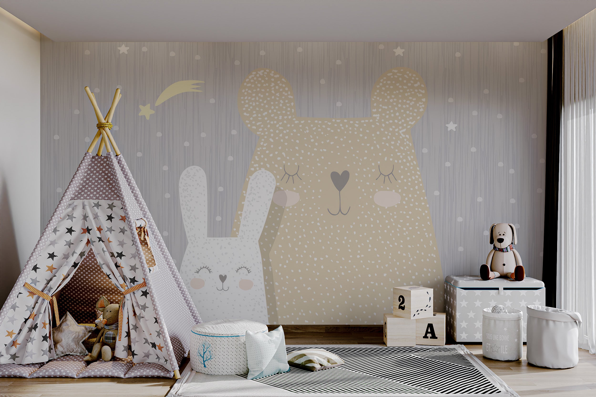 Beige bear and white bunny sleeping together, surrounded by stars on a gray backdrop.