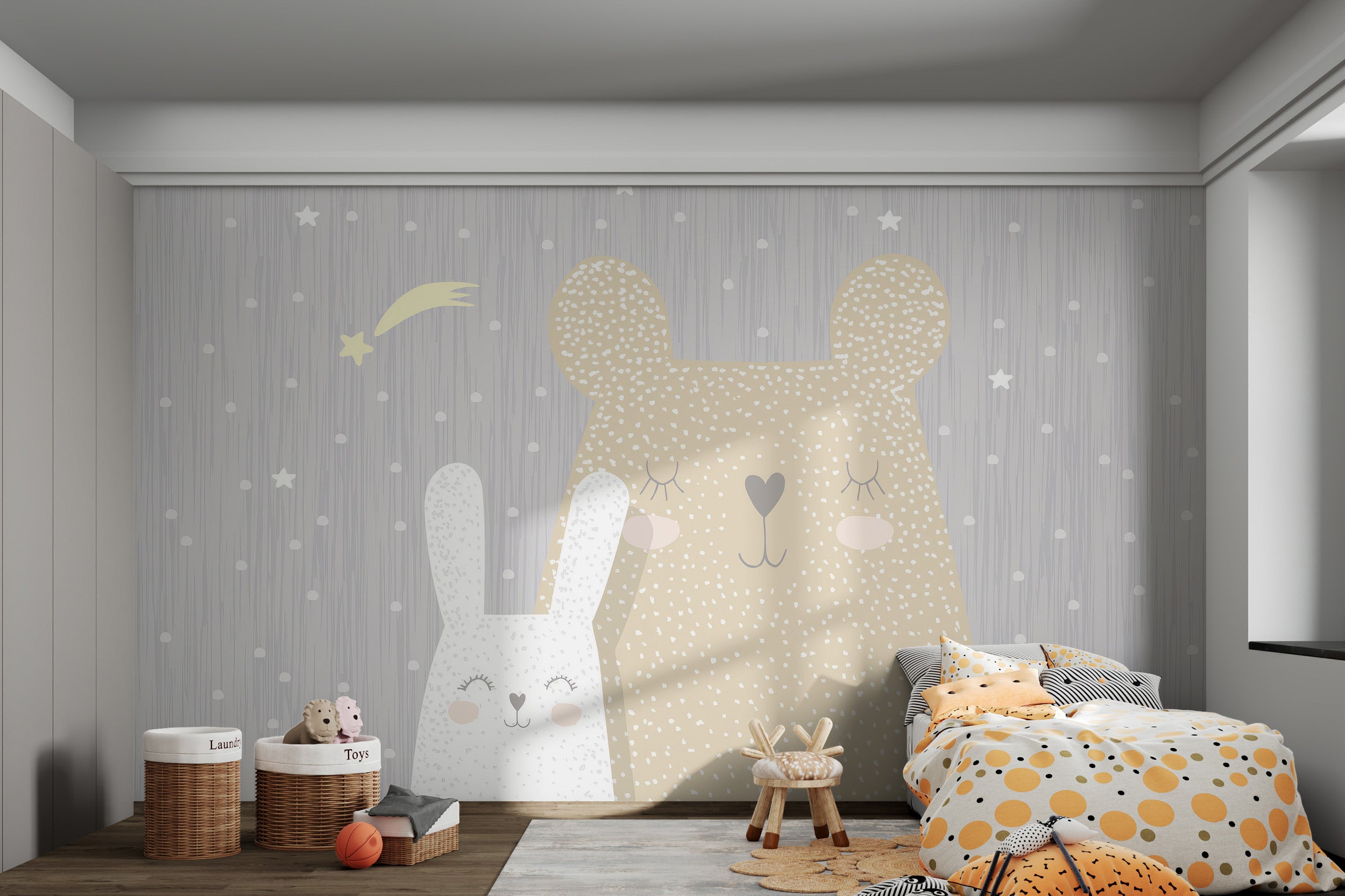 Cute woodland bear and bunny sleeping under a night sky filled with stars and a shooting star.