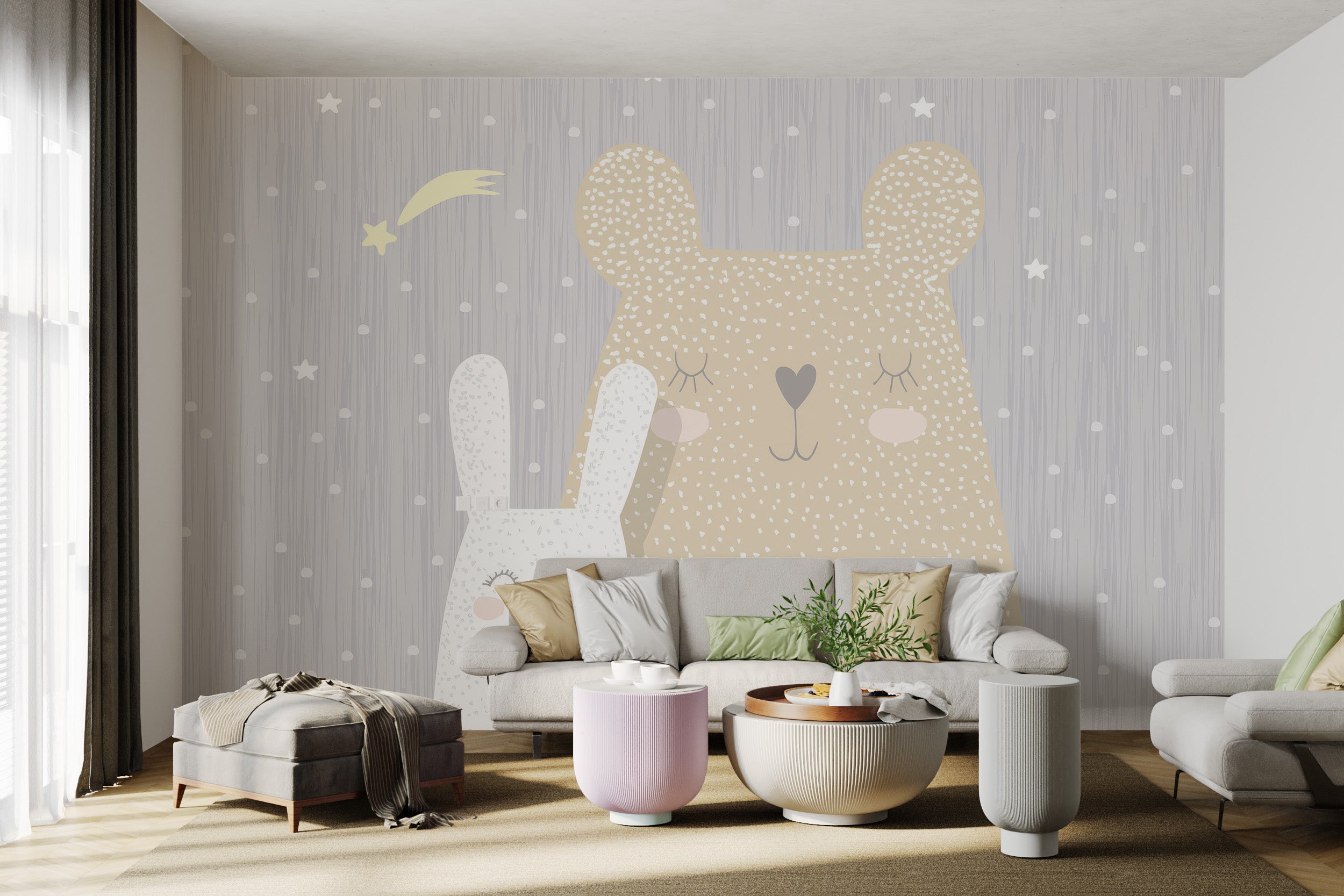 Beige bear and white bunny asleep on a gray background with a shooting star and soft patterns.