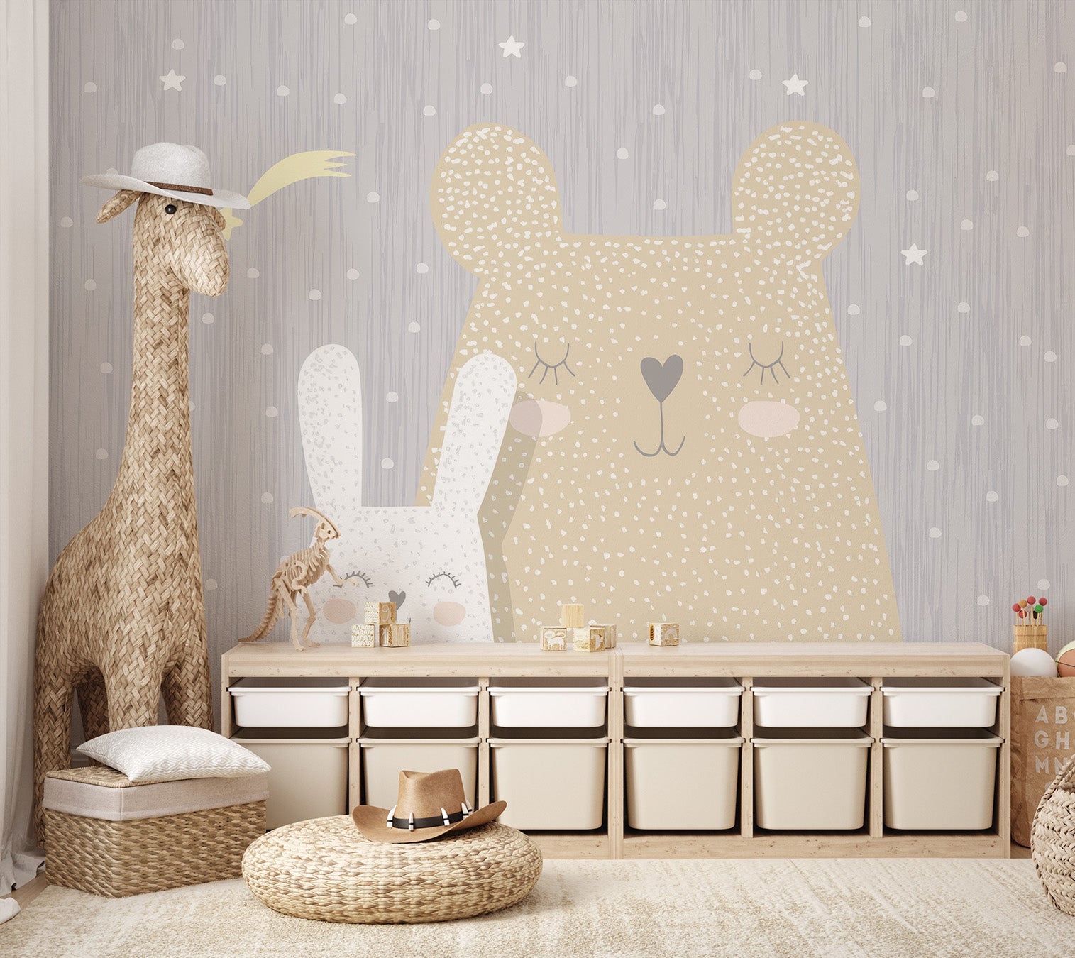 Cute sleeping bear and bunny with stars and polka dots on a gray background.