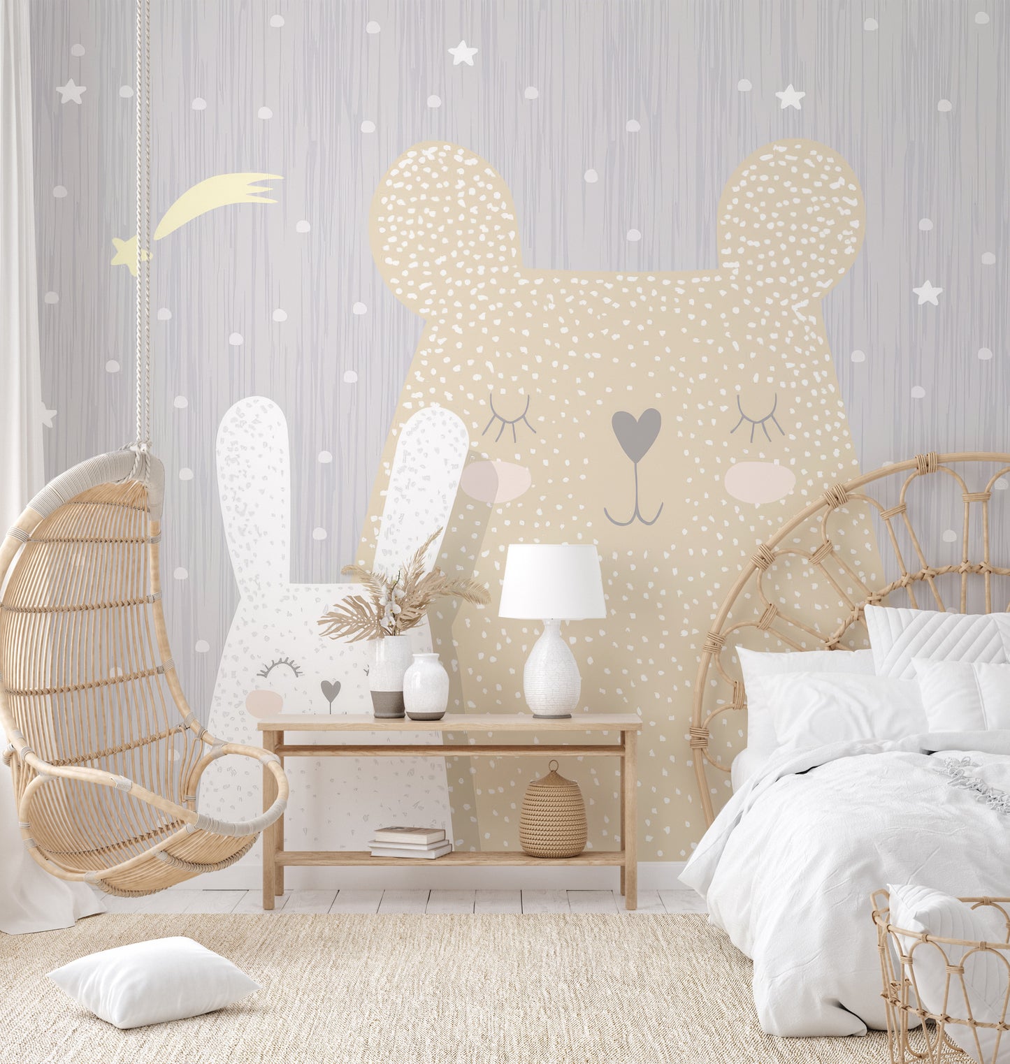 Beige bear and white bunny asleep on a gray background with stars and polka dots.