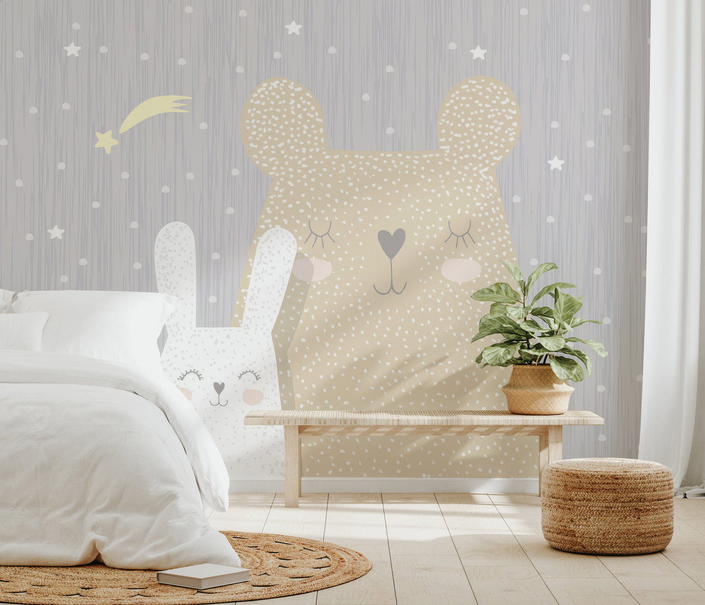 Soft and soothing sleeping bear and bunny wallpaper for kids with stars and gray tones.