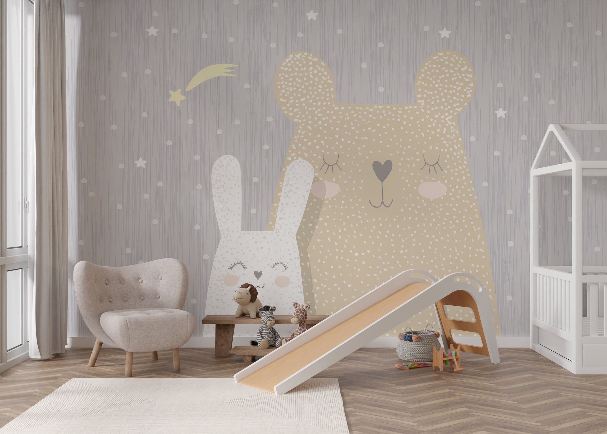 Whimsical nursery wallpaper with a beige bear and white bunny resting peacefully under stars.