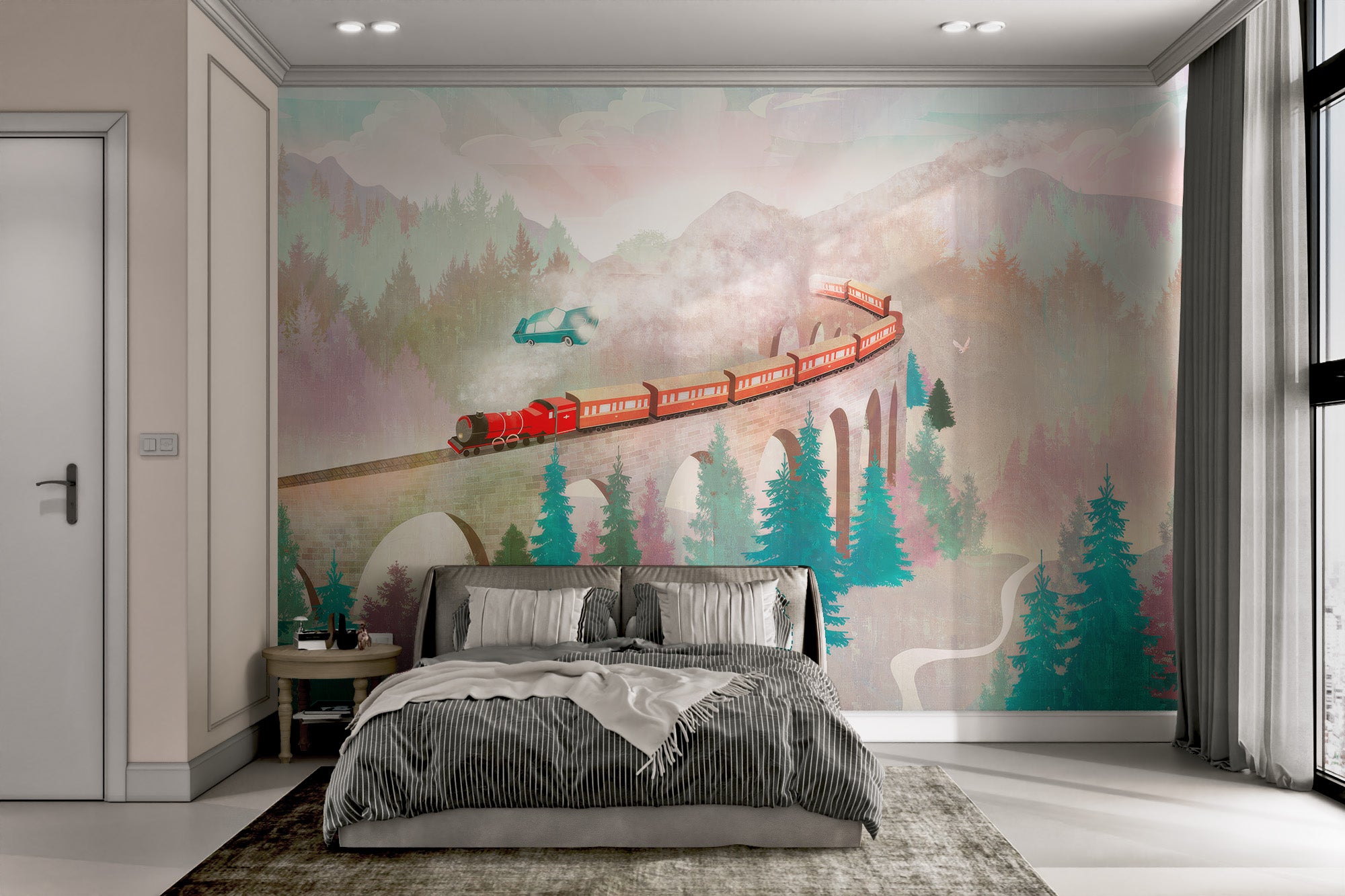 Whimsical wallpaper showing a red train on a bridge with a flying car in the sky.