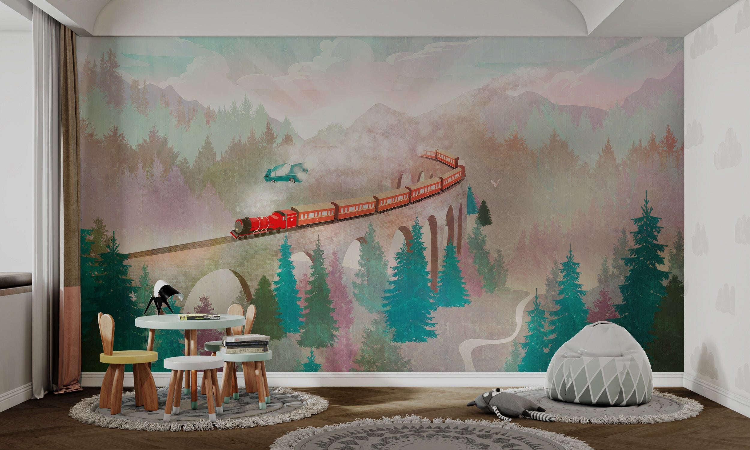 Mountain landscape mural with a red train, misty forest, and floating car.