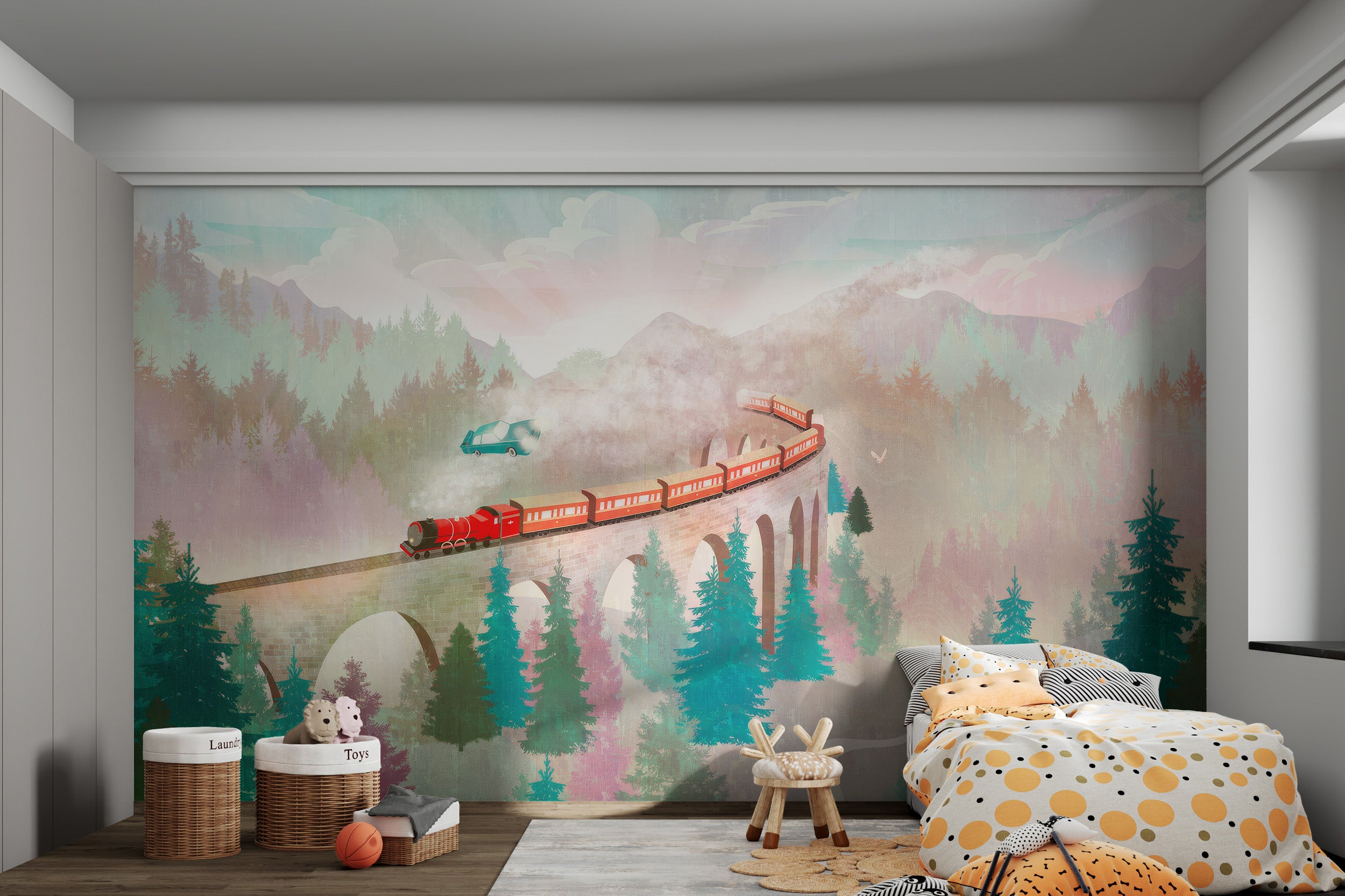 Fantasy mural showing a train on a viaduct with misty trees and a car in flight.