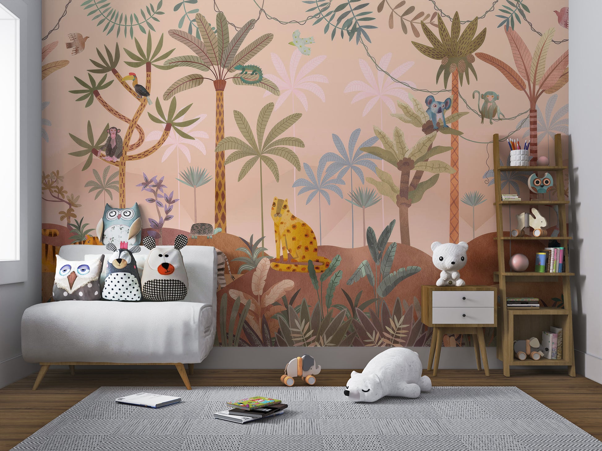 Tropical foliage wallpaper with palm trees, exotic birds, and animals, including elephants and ostriches.