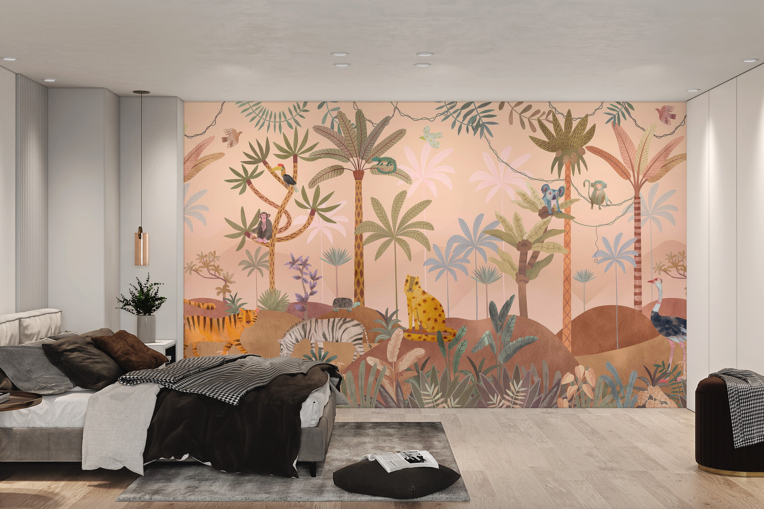 Lush wildlife mural with cheetahs, toucans, and monkeys climbing vibrant palm trees.