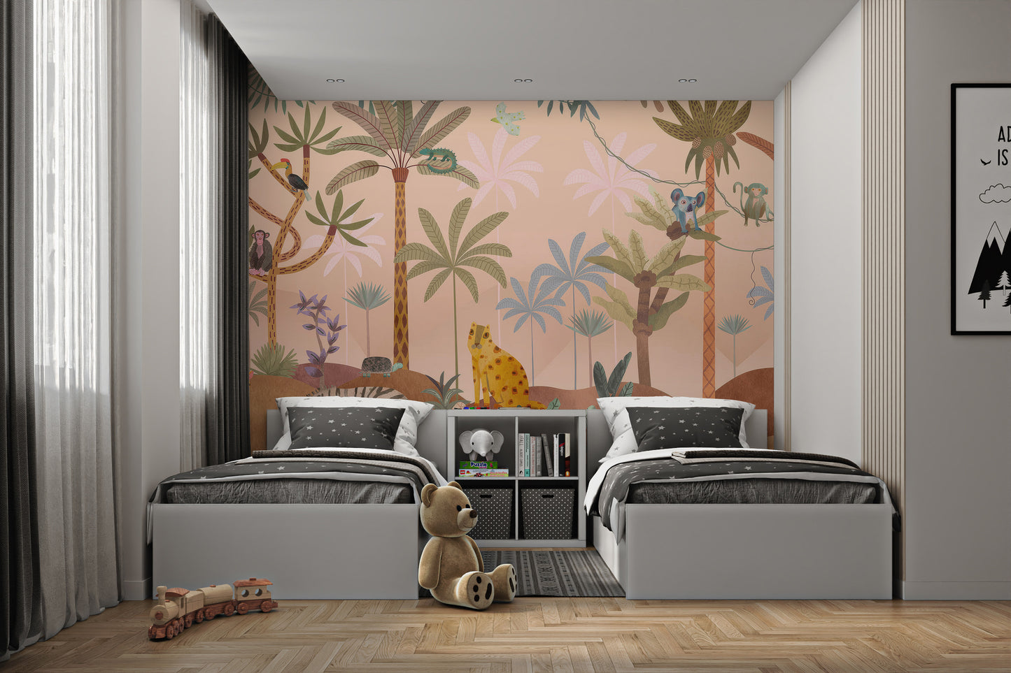 Jungle wallpaper with animals and birds set among tropical foliage and pastel-shaded palms.