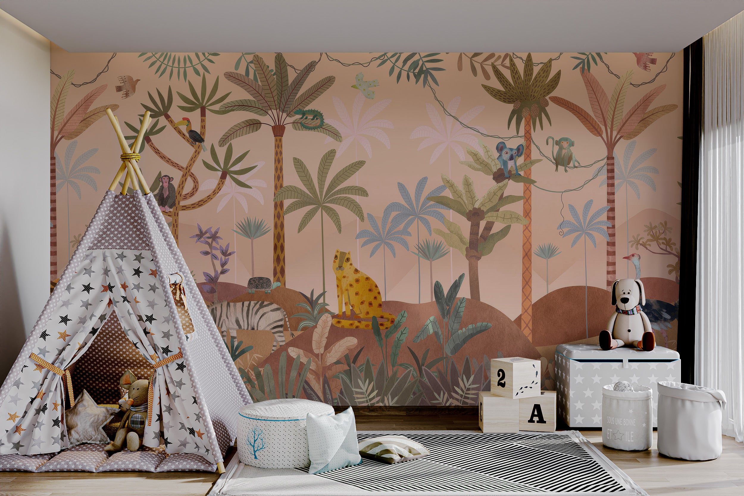 Playful jungle mural with animals including ostriches, tigers, and reptiles under tropical canopies.