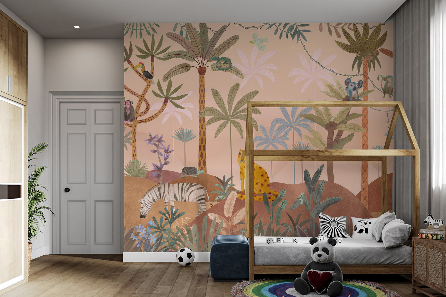 Tropical wallpaper with lush foliage, colorful birds, and animals strolling through the forest.