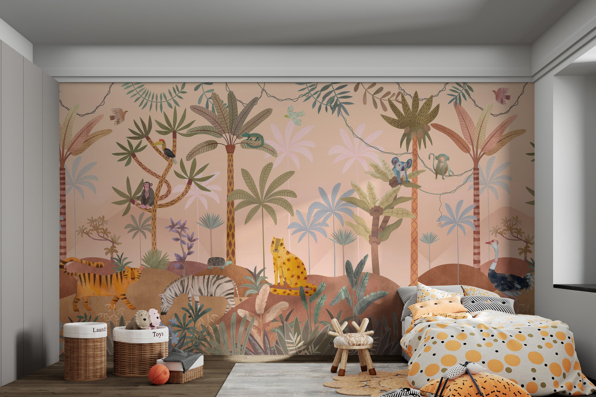 Wildlife jungle wallpaper with playful monkeys, zebras, and tigers amidst tropical trees.