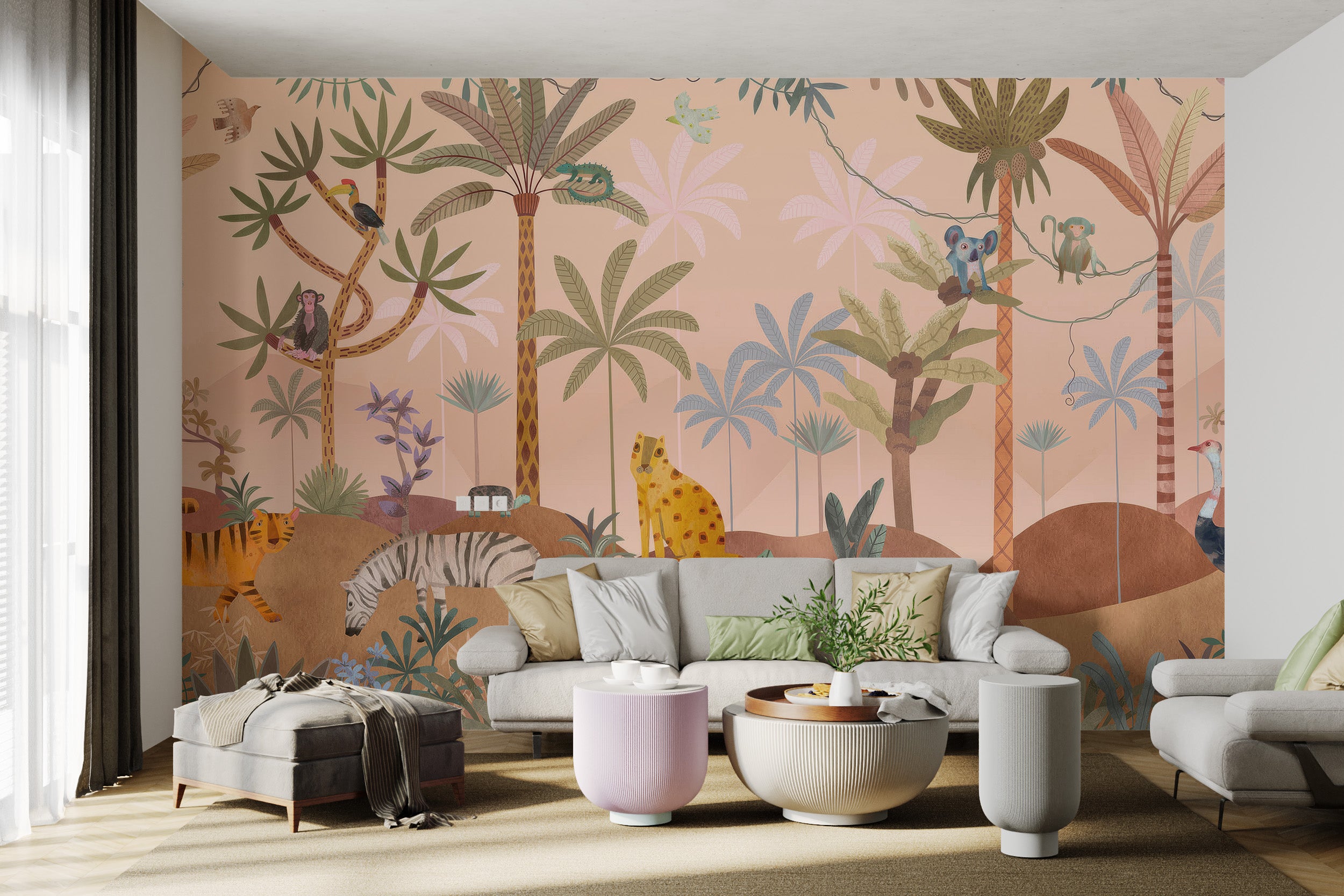 Tropical-themed wallpaper with exotic animals and pastel-colored plants creating a serene jungle scene.