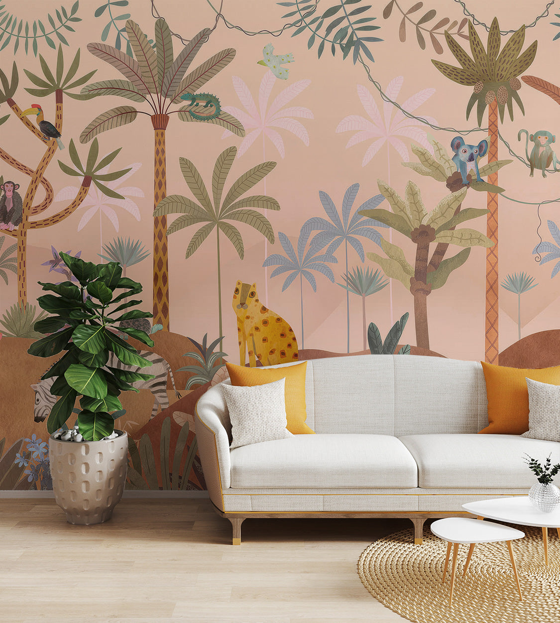 Wallpaper featuring a whimsical forest scene with elephants and reptiles among tropical plants.