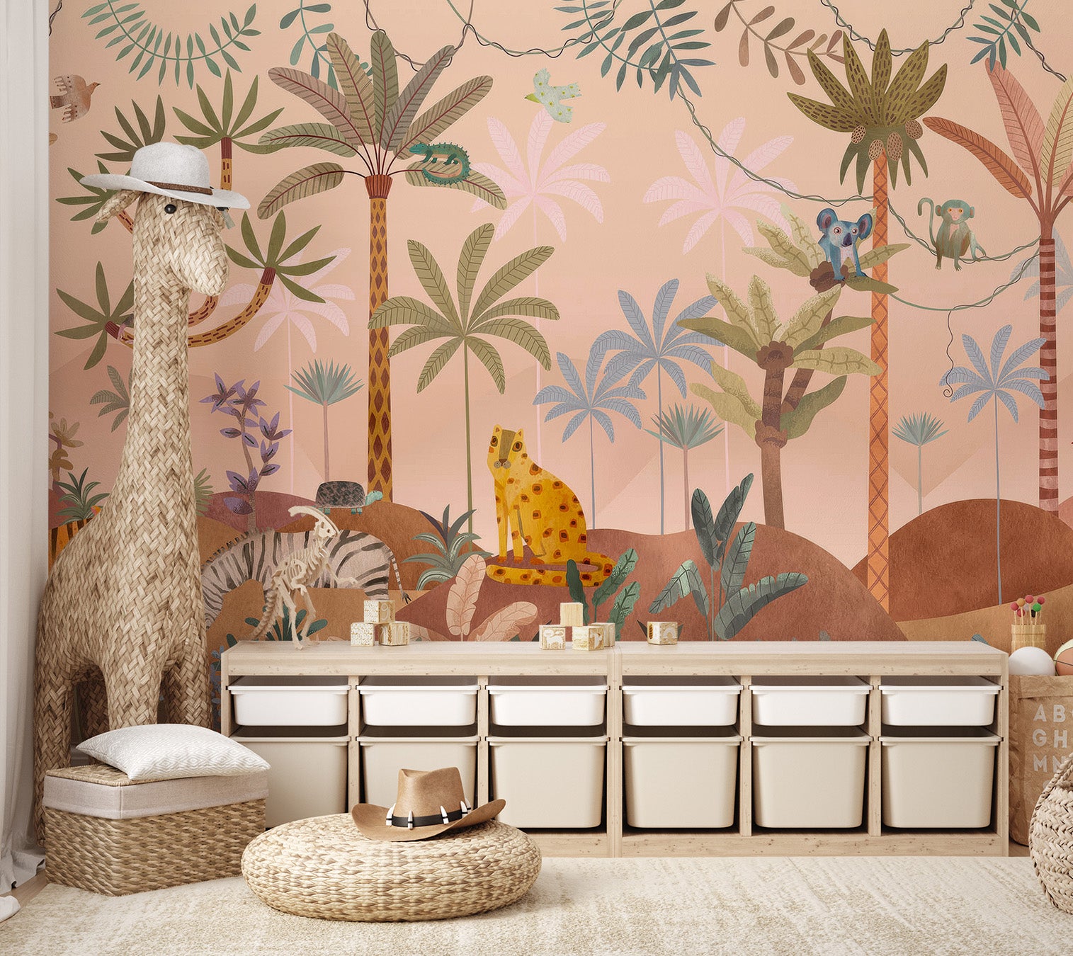 Jungle wallpaper mural with playful wildlife and pastel foliage, perfect for children’s rooms.