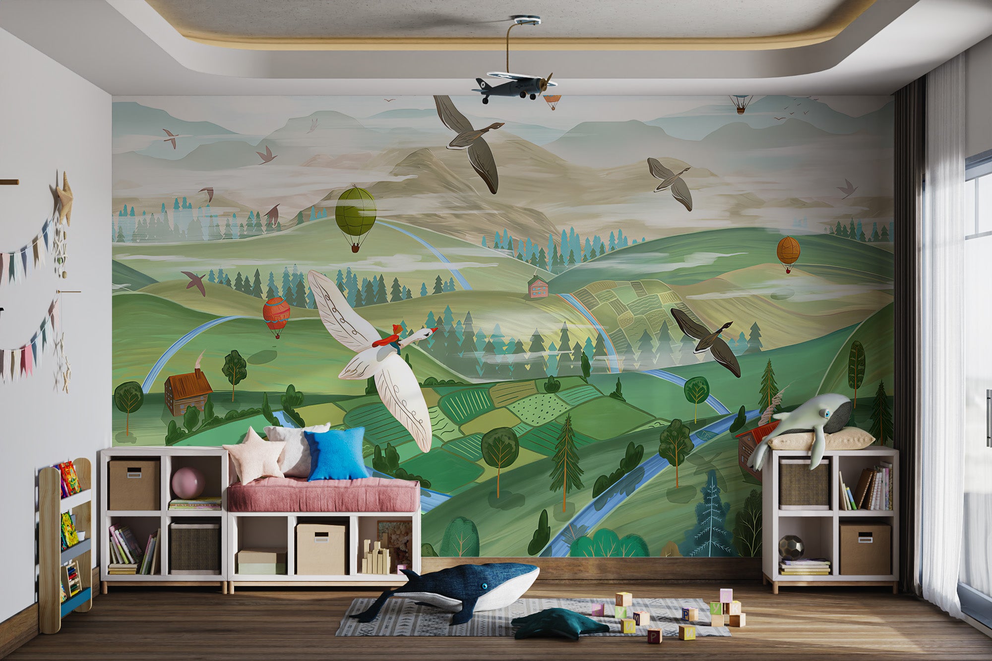 Colorful valley mural featuring flowing rivers, green pastures, and soaring birds.