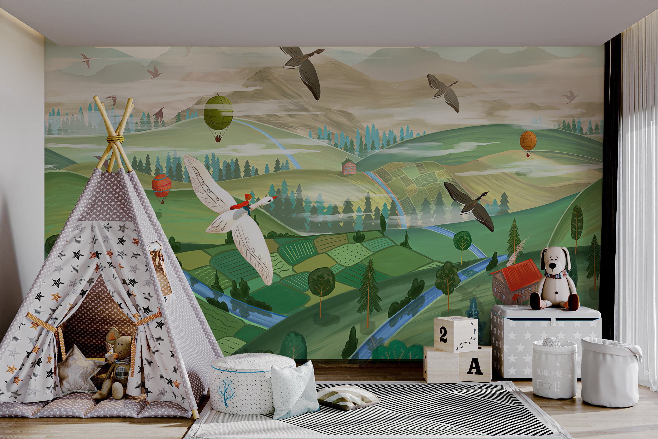 Whimsical mural with birds soaring above a patchwork valley landscape.