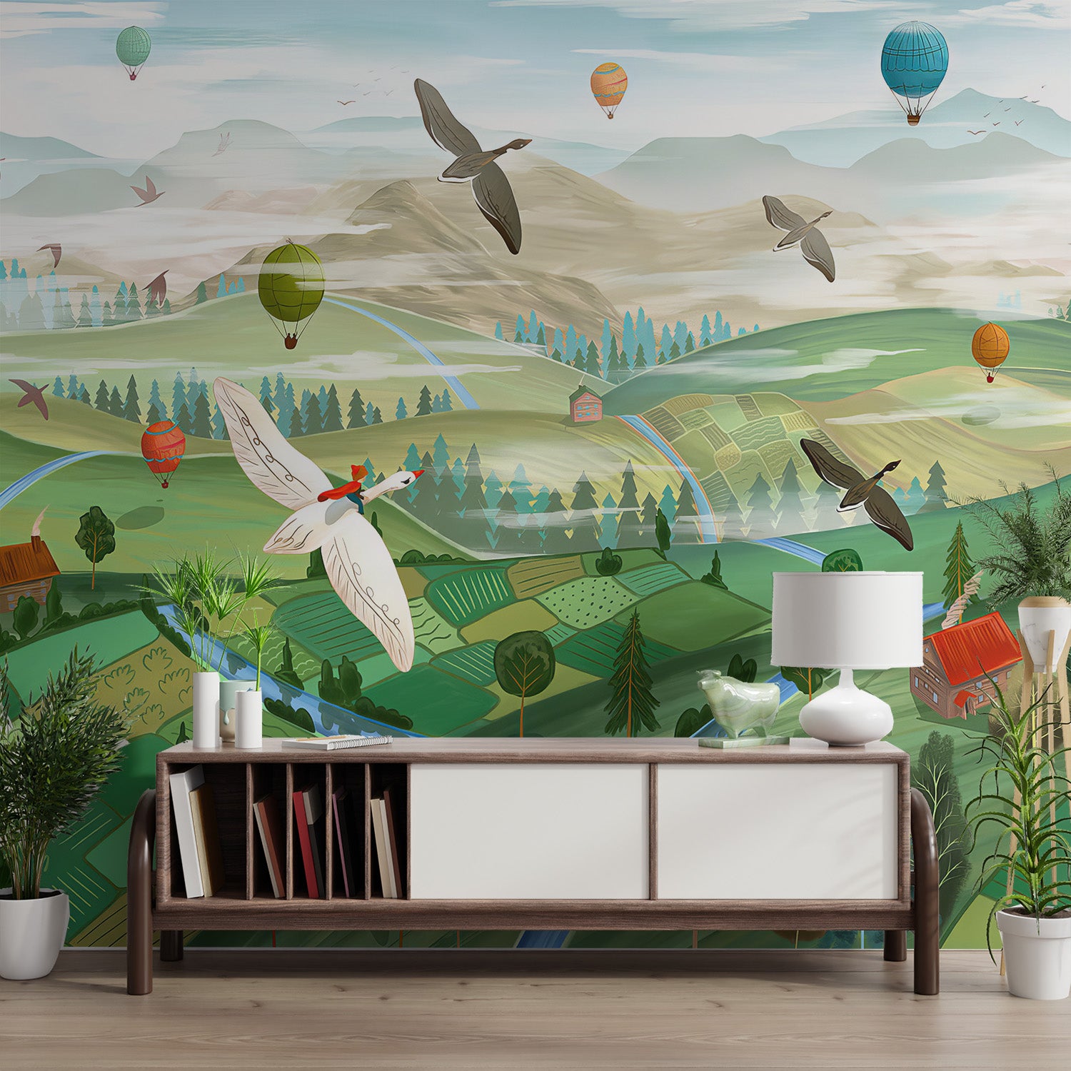 Fantasy mural with birds, rivers, hills, and scattered farmhouses under a bright sky.