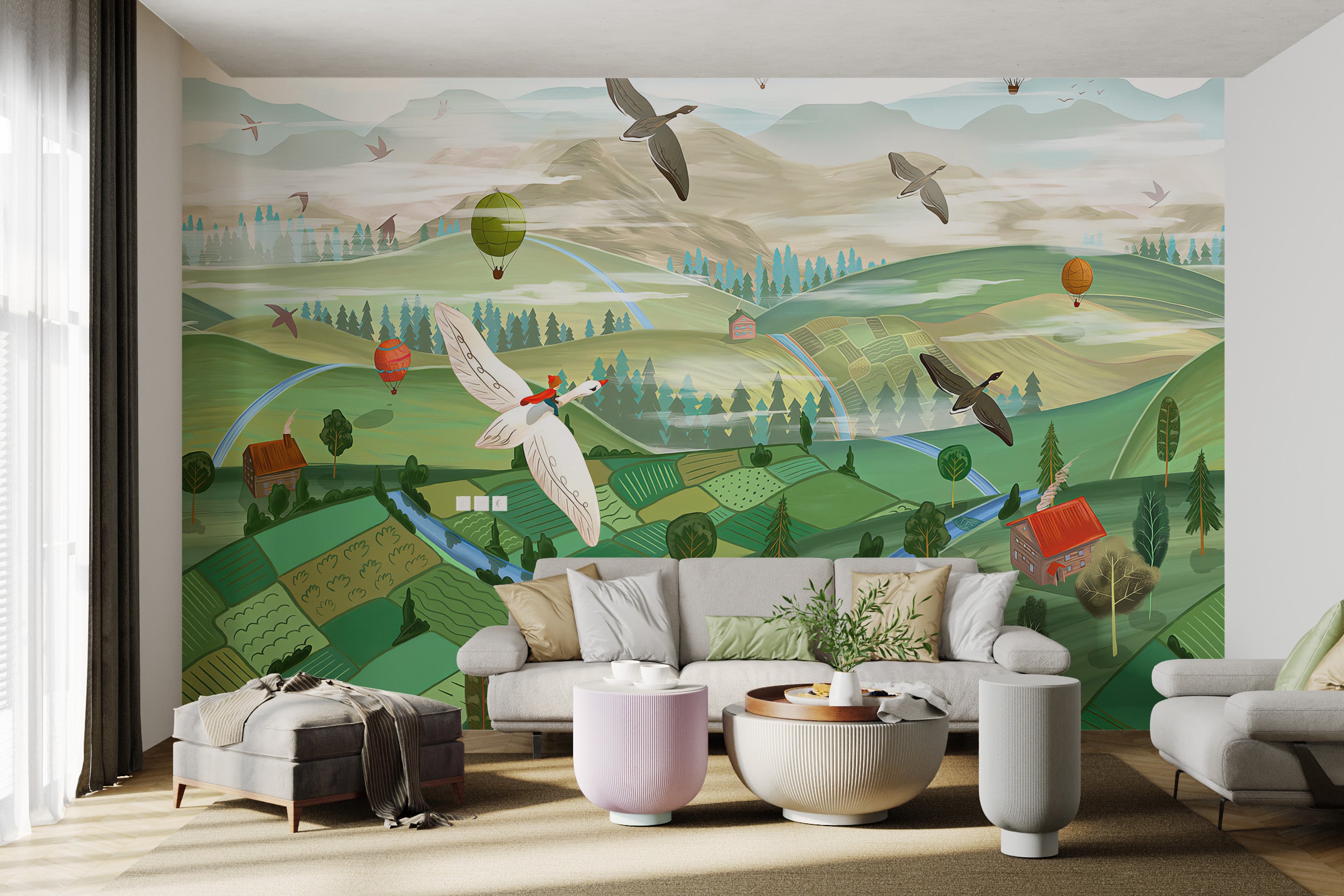 Countryside mural with hot air balloons and birds flying over green fields and streams.