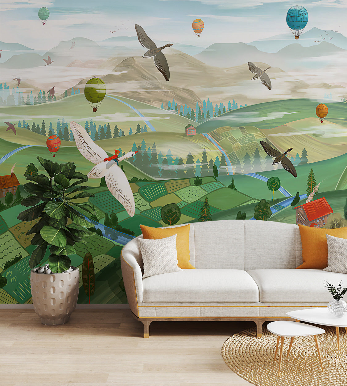 Lush valley landscape mural with flowing rivers, scattered trees, and soaring wildlife.