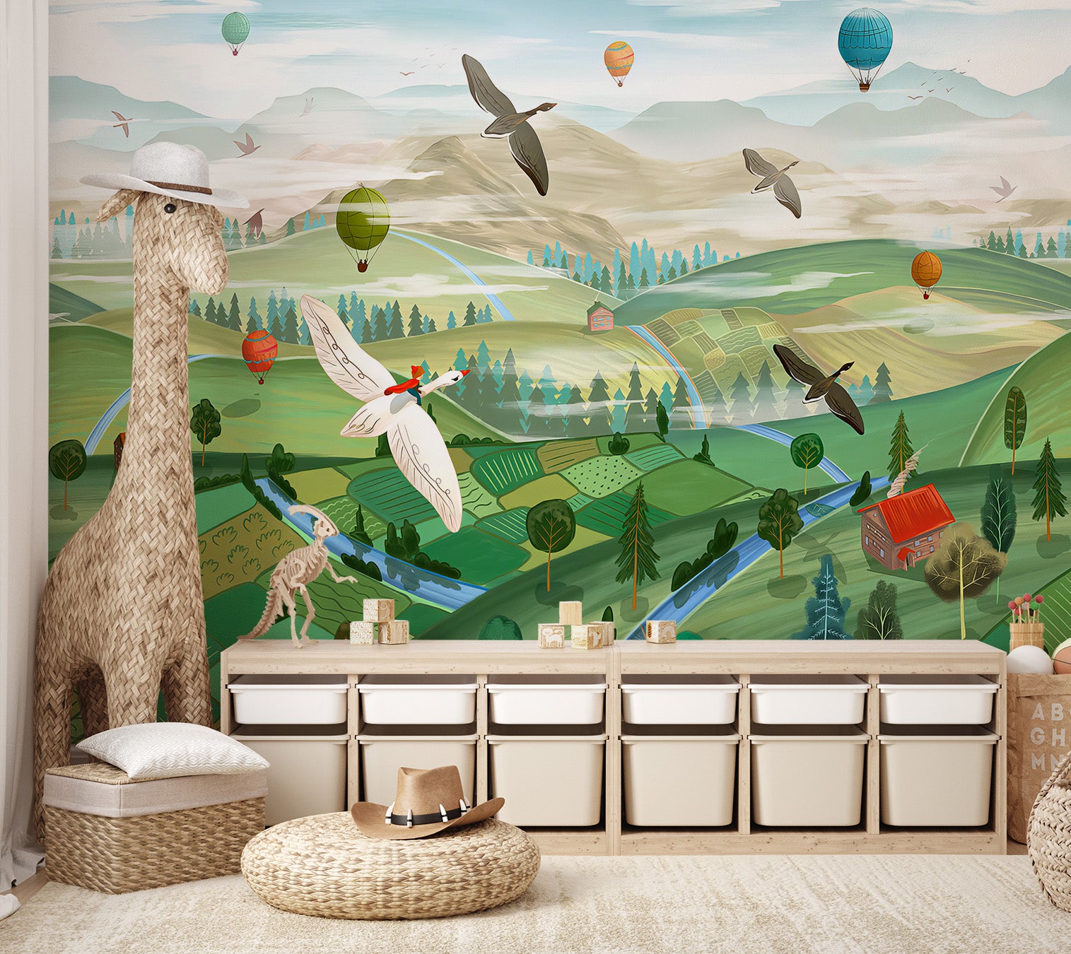 Illustrated flying birds and hot air balloons over lush green fields and valleys.