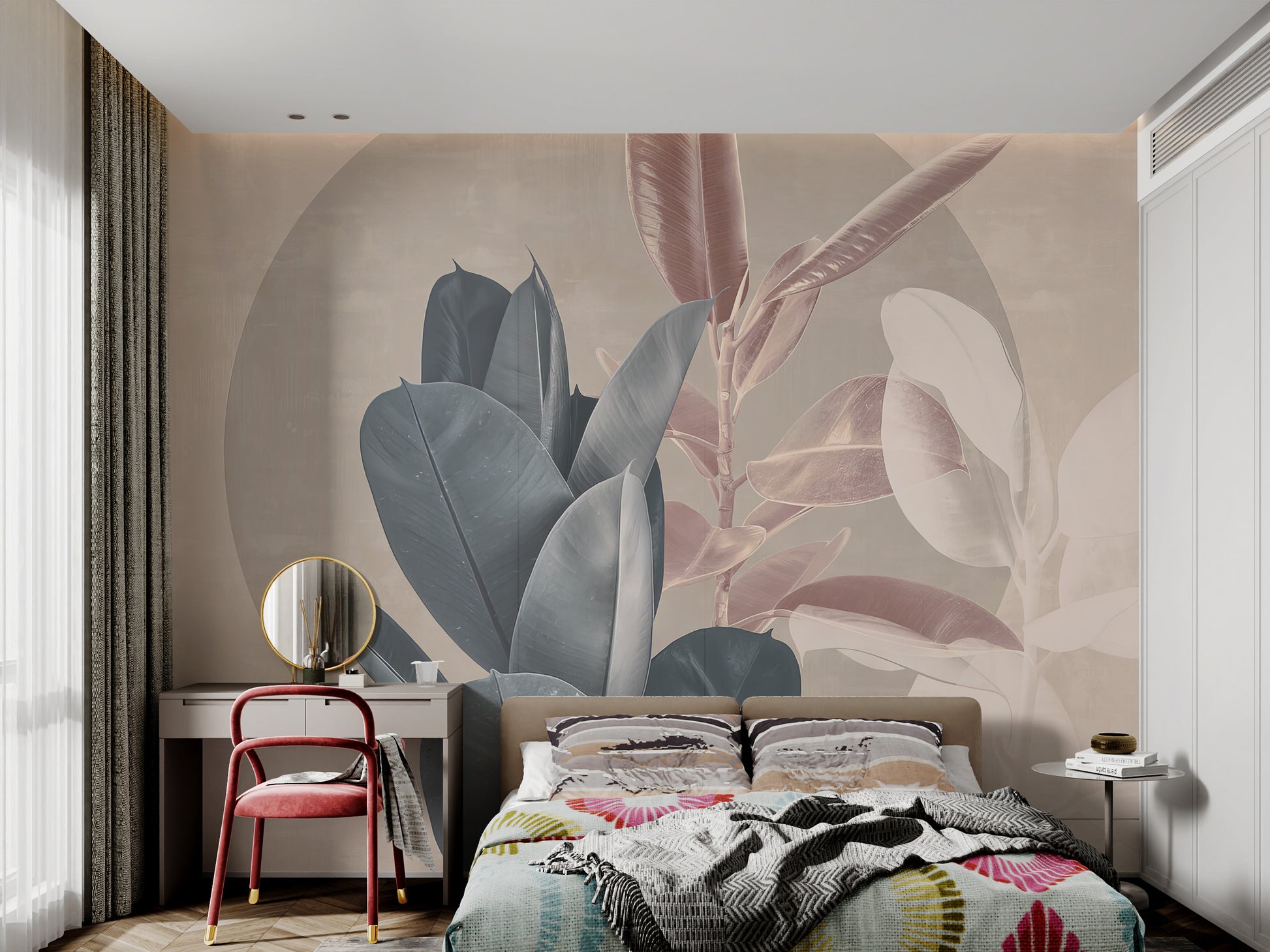 Minimalist leaf mural featuring large, smooth rubber leaves in soft blue and peach hues over a textured, beige surface.