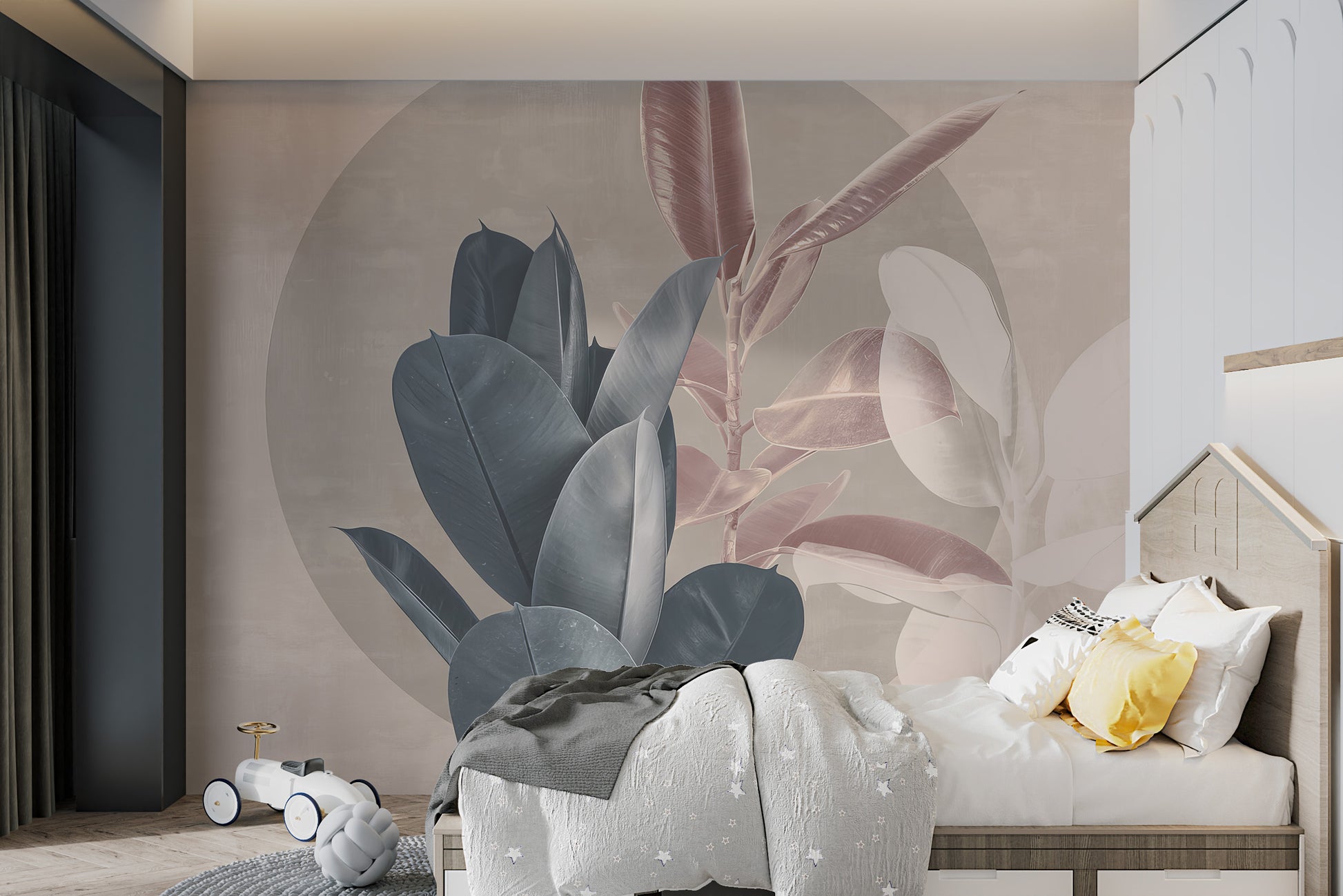 Contemporary plant-themed wallpaper blending muted green and dusty rose leaves with subtle overlapping layers.