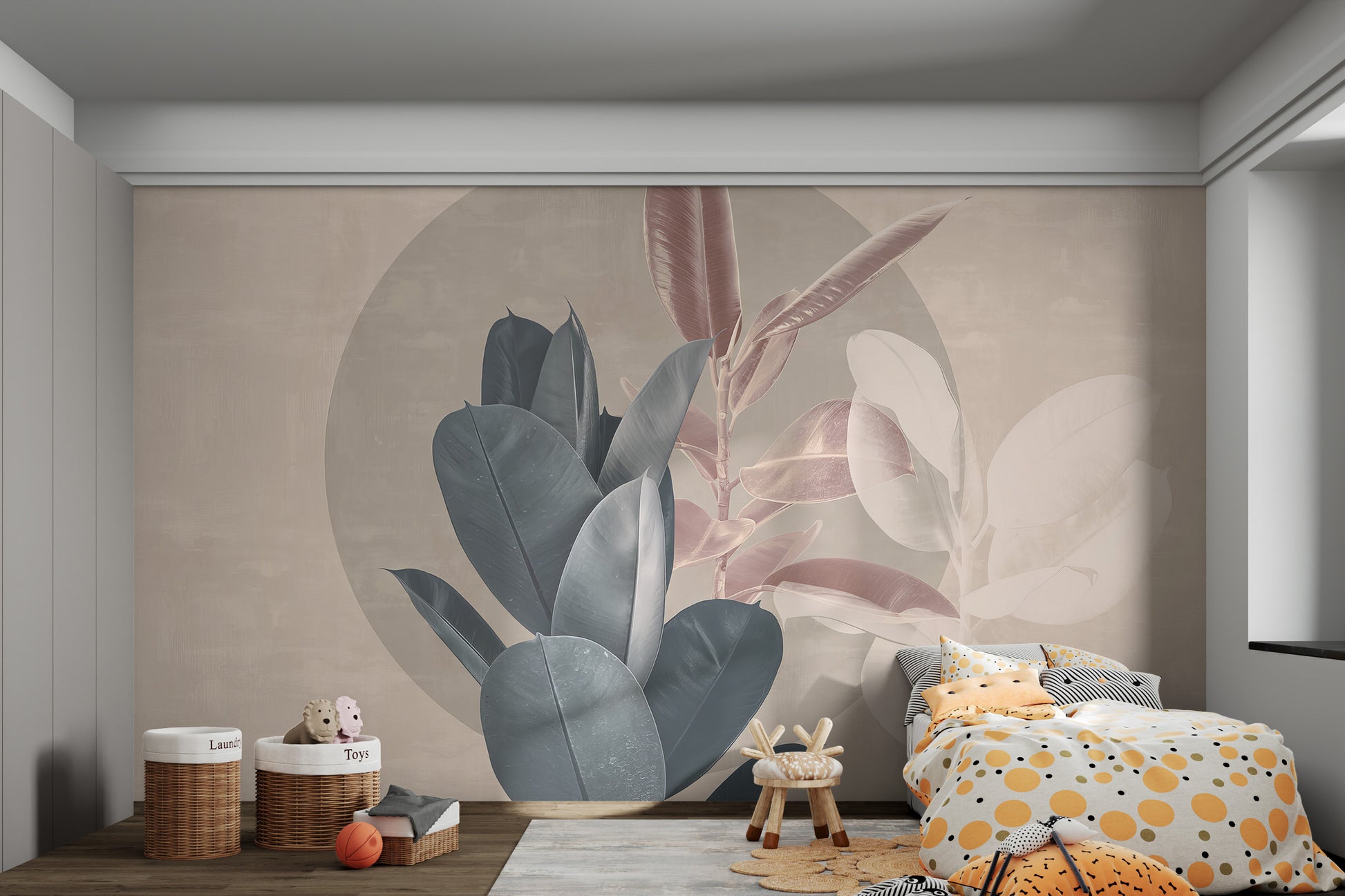 Modern botanical wall art highlighting soft-toned rubber tree leaves against a neutral, artistic background.