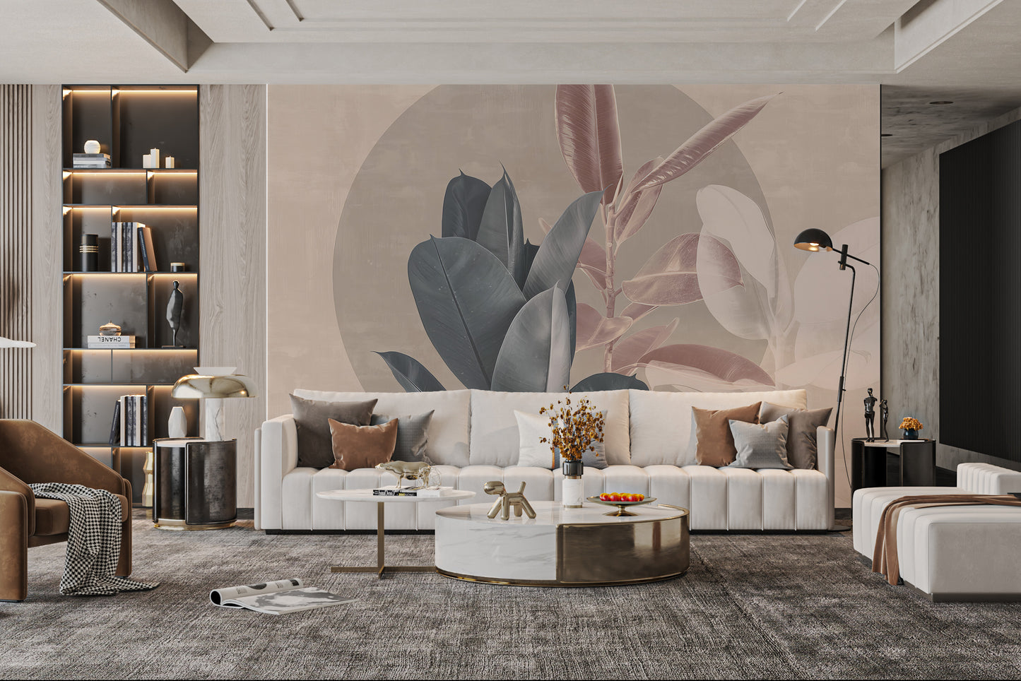 Subtle tropical foliage mural featuring layered leaves in desaturated blue and pink shades against a beige backdrop.