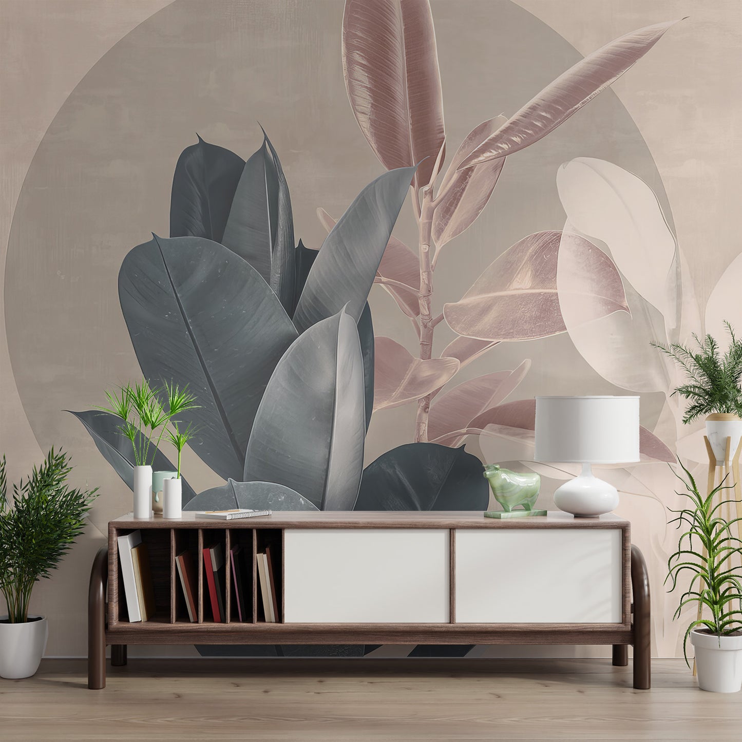 Calm and serene wall mural with soft blue leaves juxtaposed with pale peach tones, evoking a tranquil atmosphere.