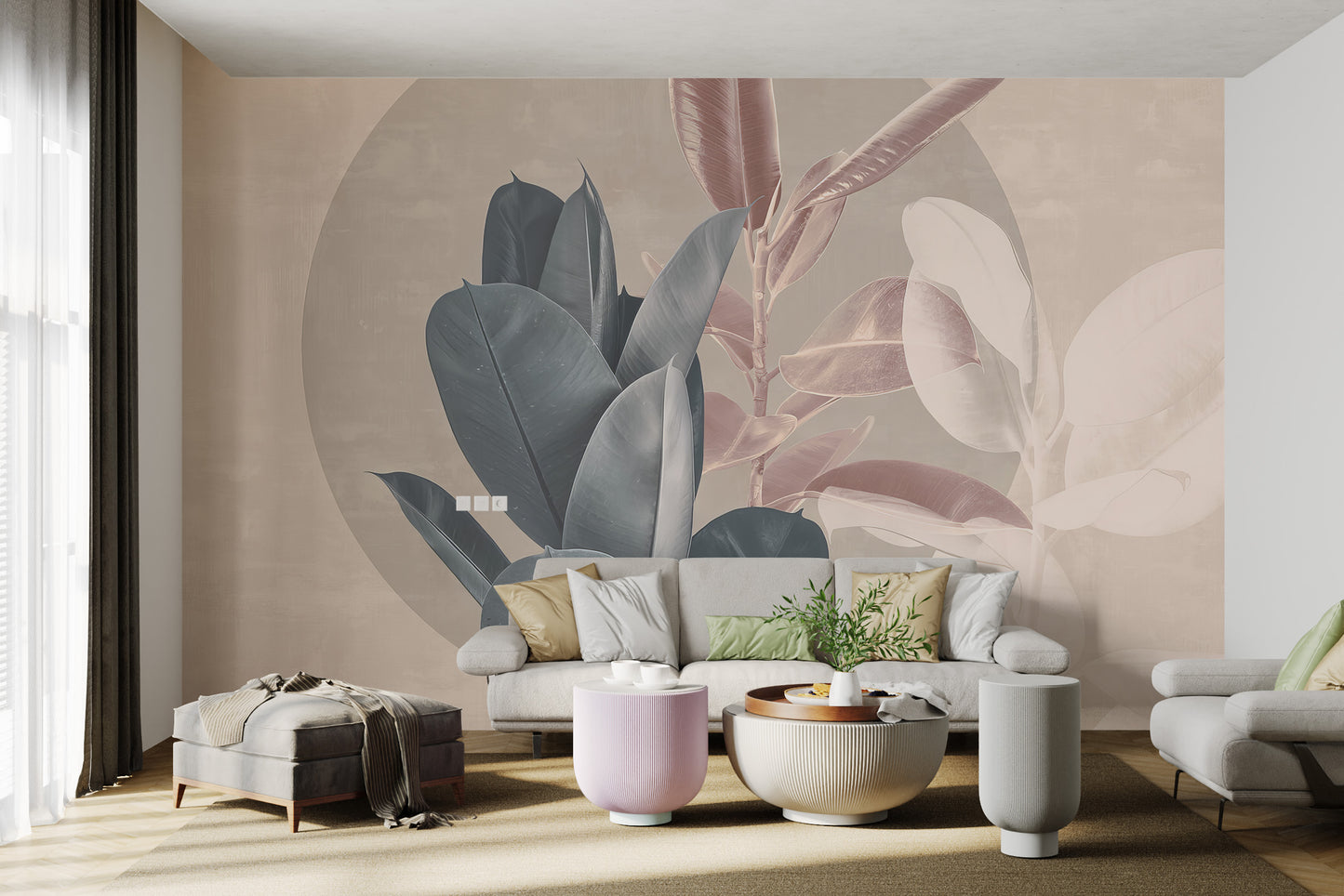 Contemporary foliage design showcasing soft-toned leaves in pastel green and peach, perfect for a serene setting.