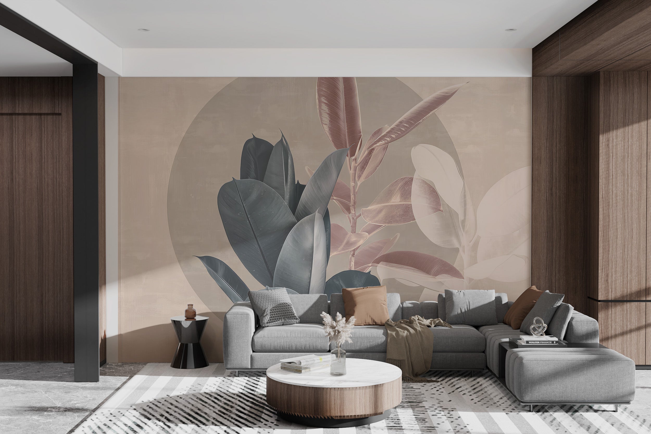 Soft minimalist wall decor featuring muted foliage with a blend of blue-gray and light peach leaves on a beige surface.