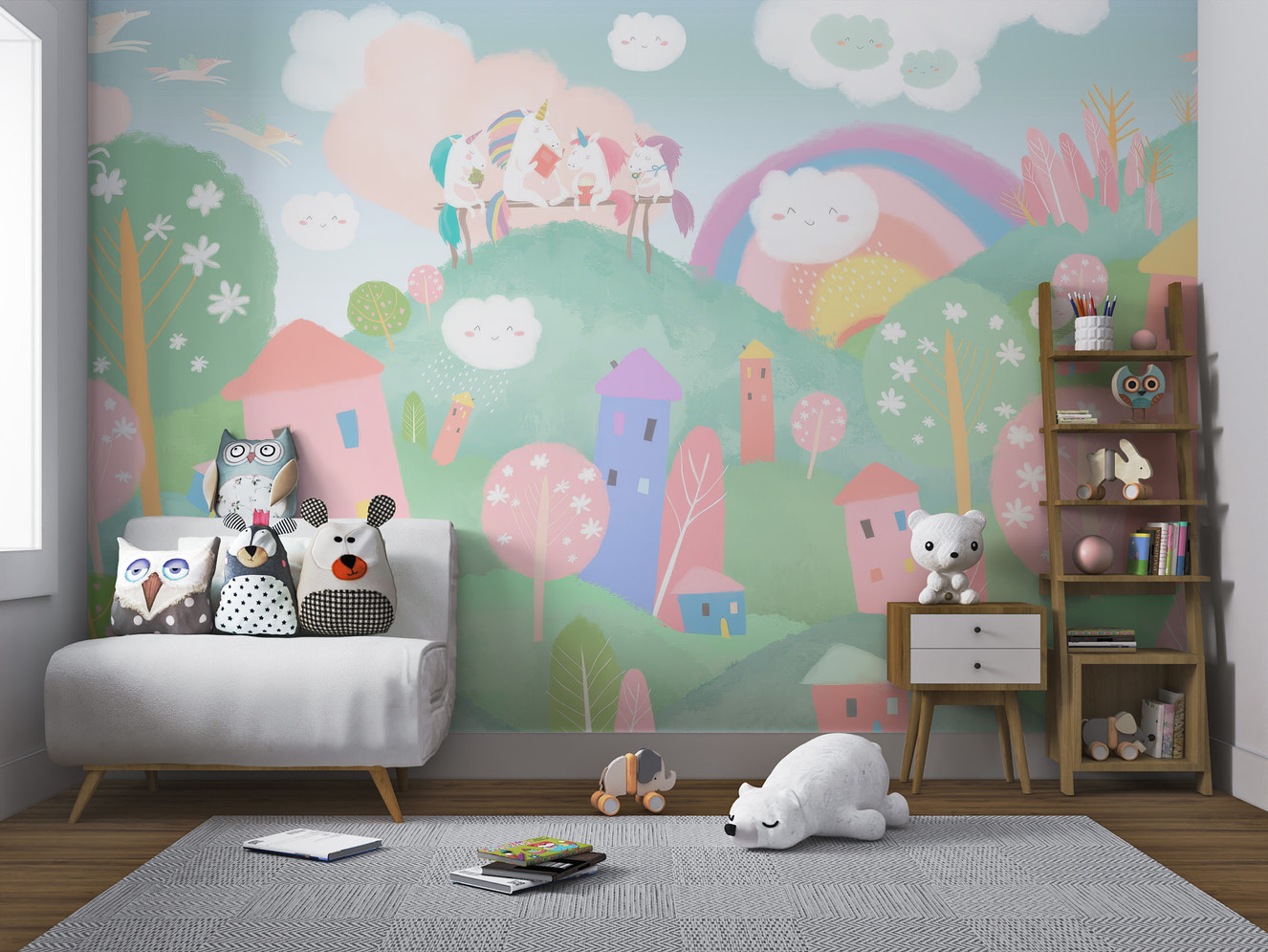 Pastel unicorns on a hilltop reading books in a whimsical village