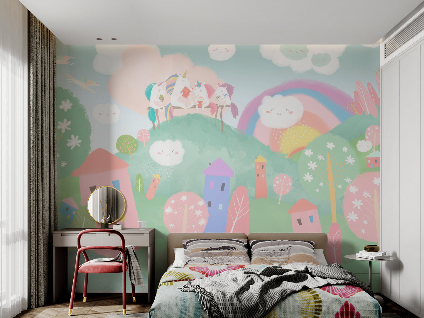 Fantasy mural with unicorns, pastel houses, and flying clouds.