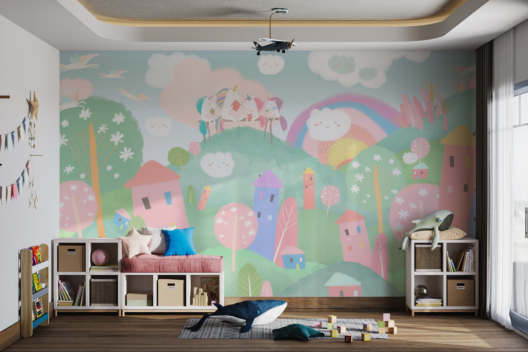 Playful mural with unicorns, smiling clouds, and colorful houses.