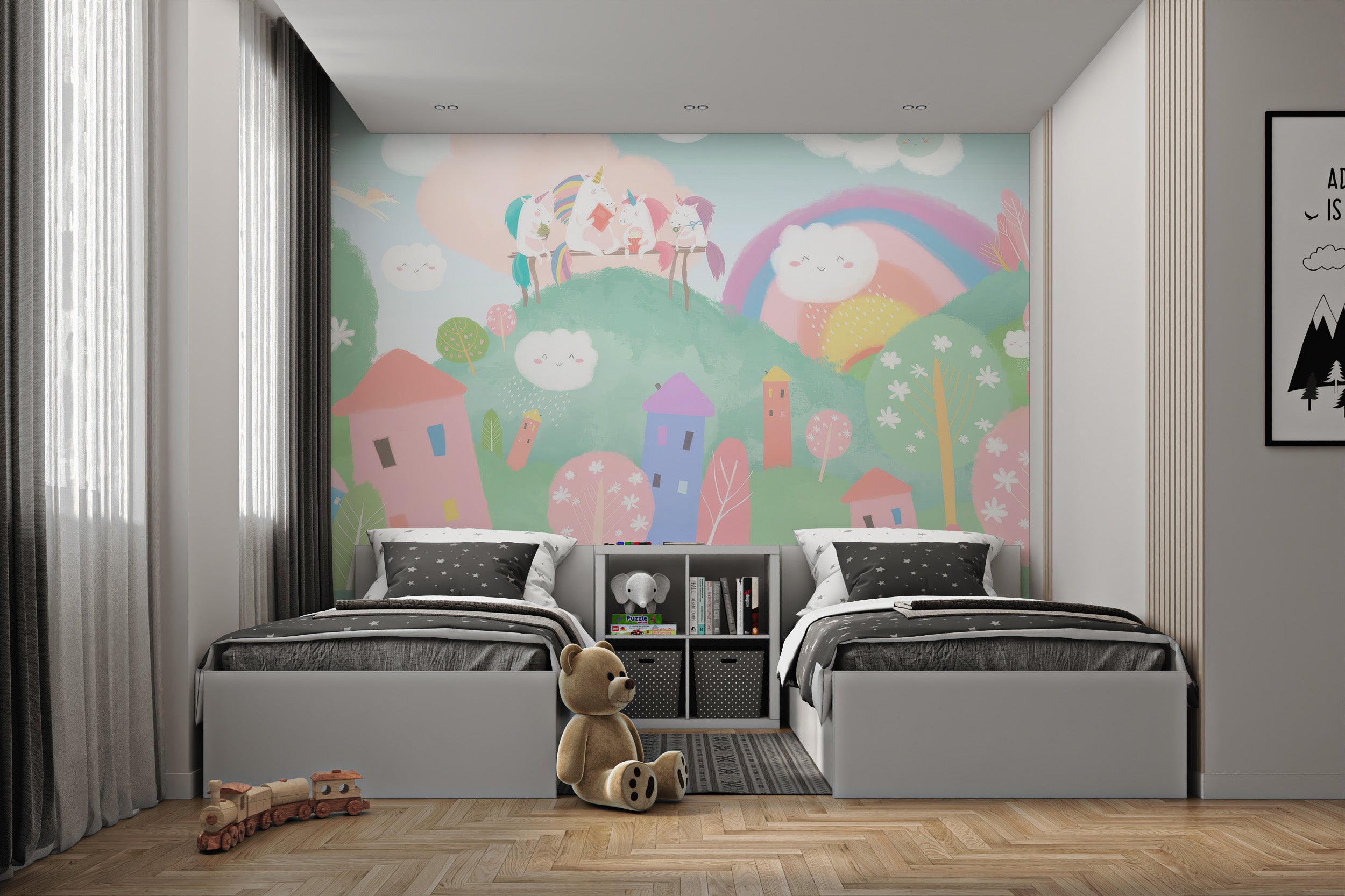 Charming unicorns and floating clouds in a whimsical village mural.