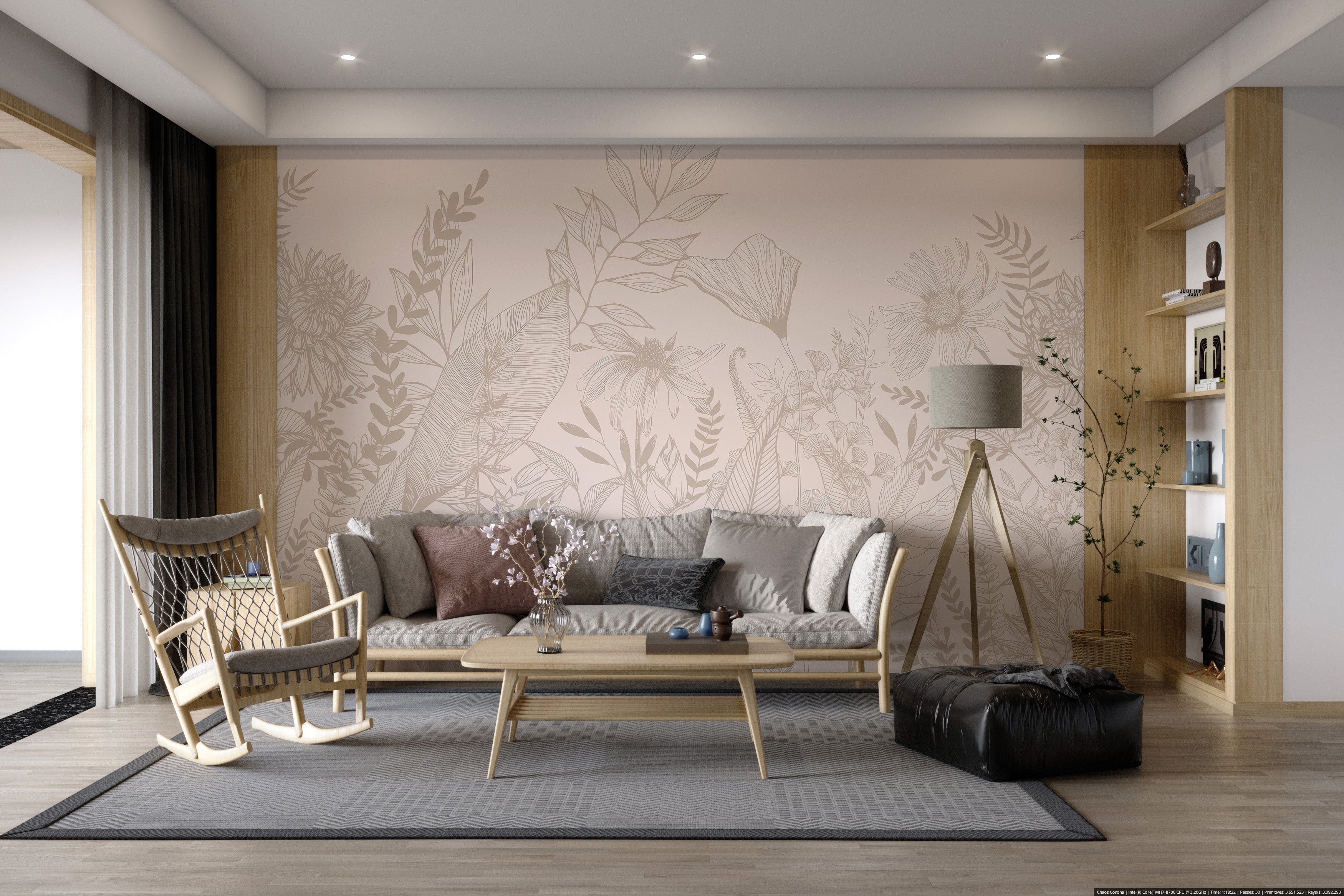 Elegant floral wallpaper in beige tones featuring sketched flowers and leaves.