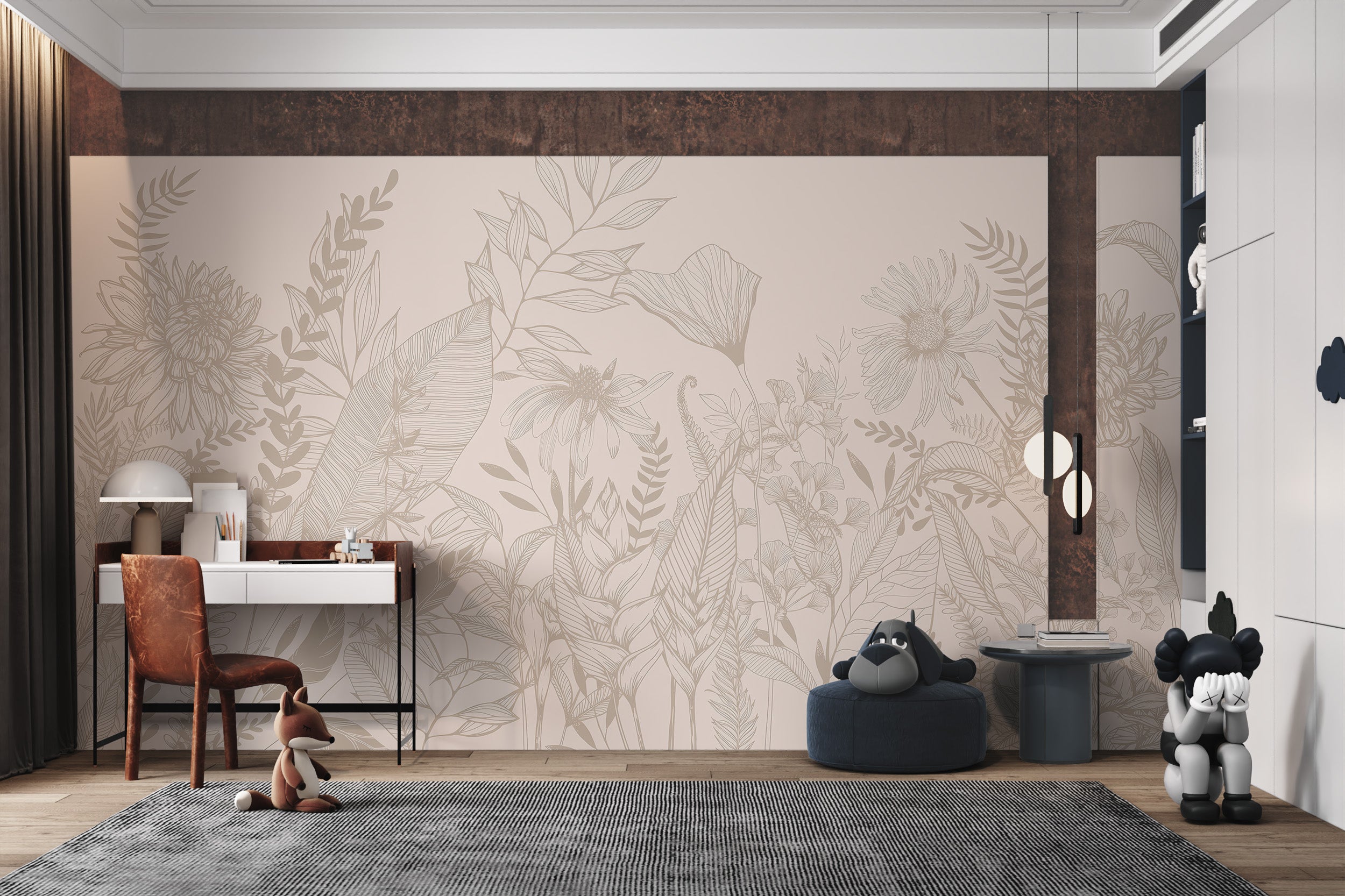 Soft beige floral wallpaper with sketched botanical patterns and intricate lines.