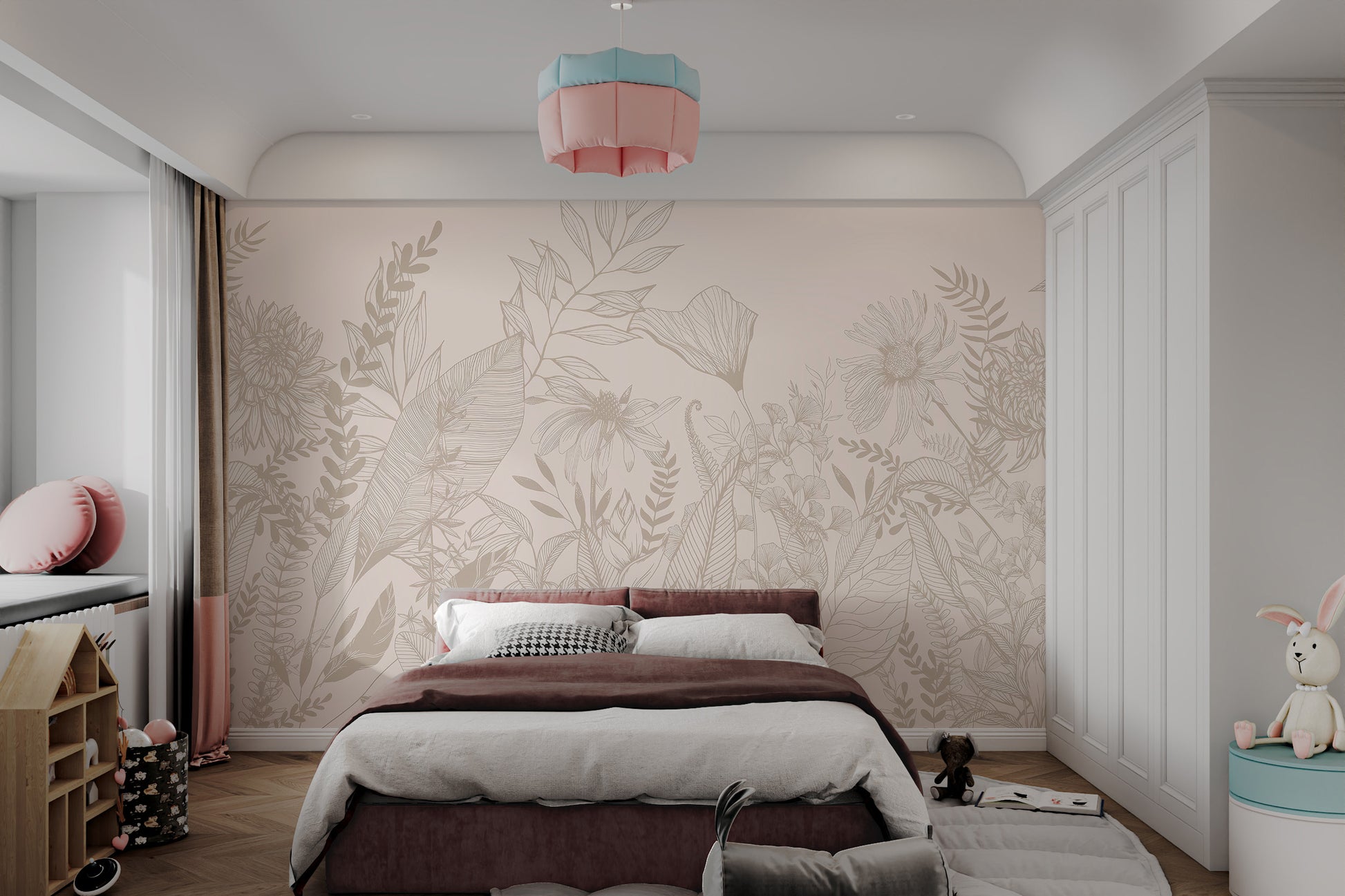 Elegant beige wallpaper featuring intricate floral line art and plant elements.