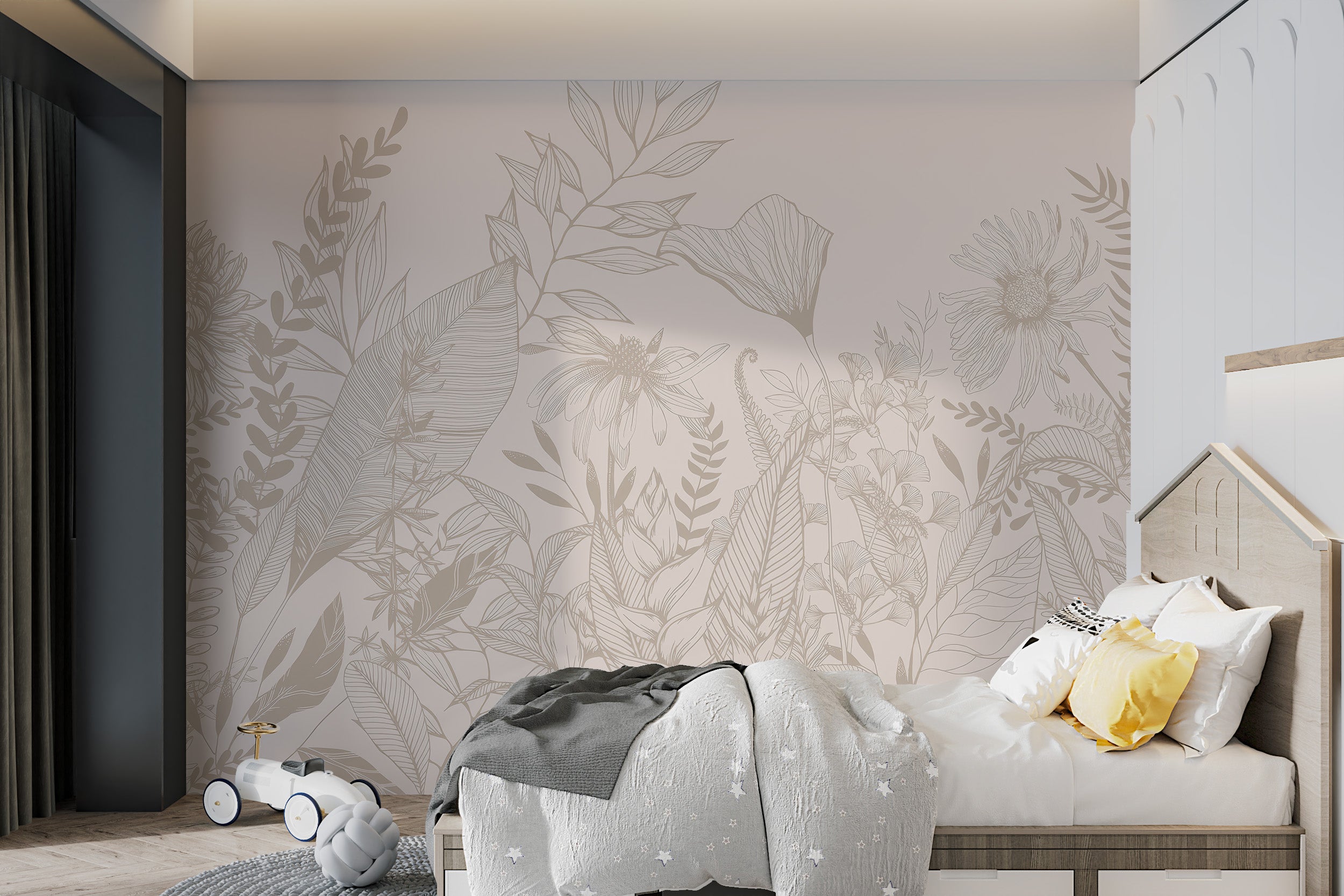 Beige floral wallpaper with line art depictions of flowers and tropical leaves.