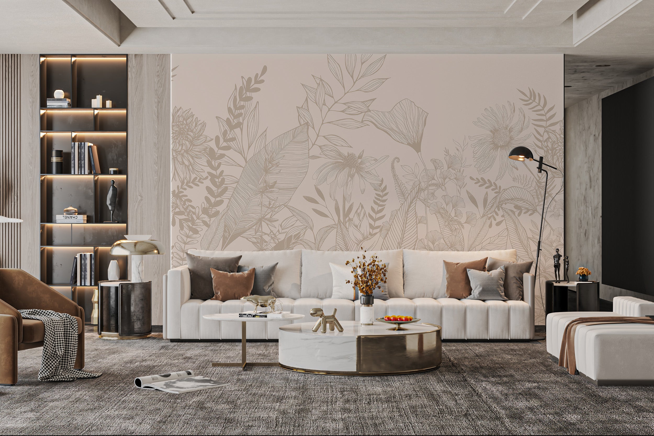 Line art floral wallpaper with beige shades and detailed botanical patterns.