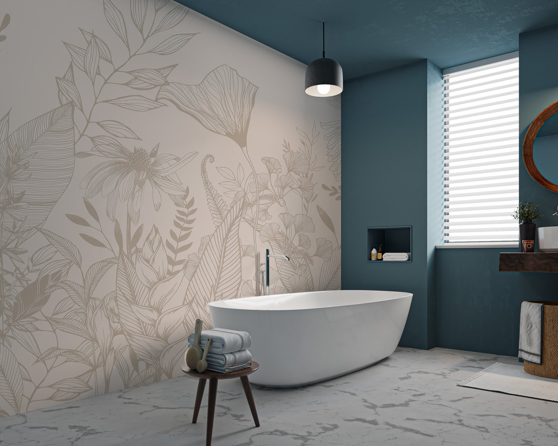 Beige wallpaper with hand-drawn flowers and fern leaves in line art style.