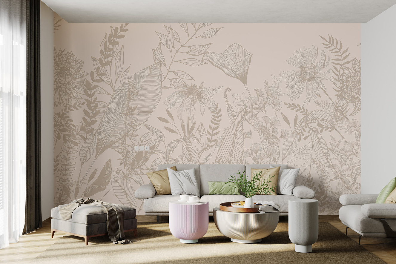 Beige botanical wallpaper with detailed floral line art and leaf patterns.