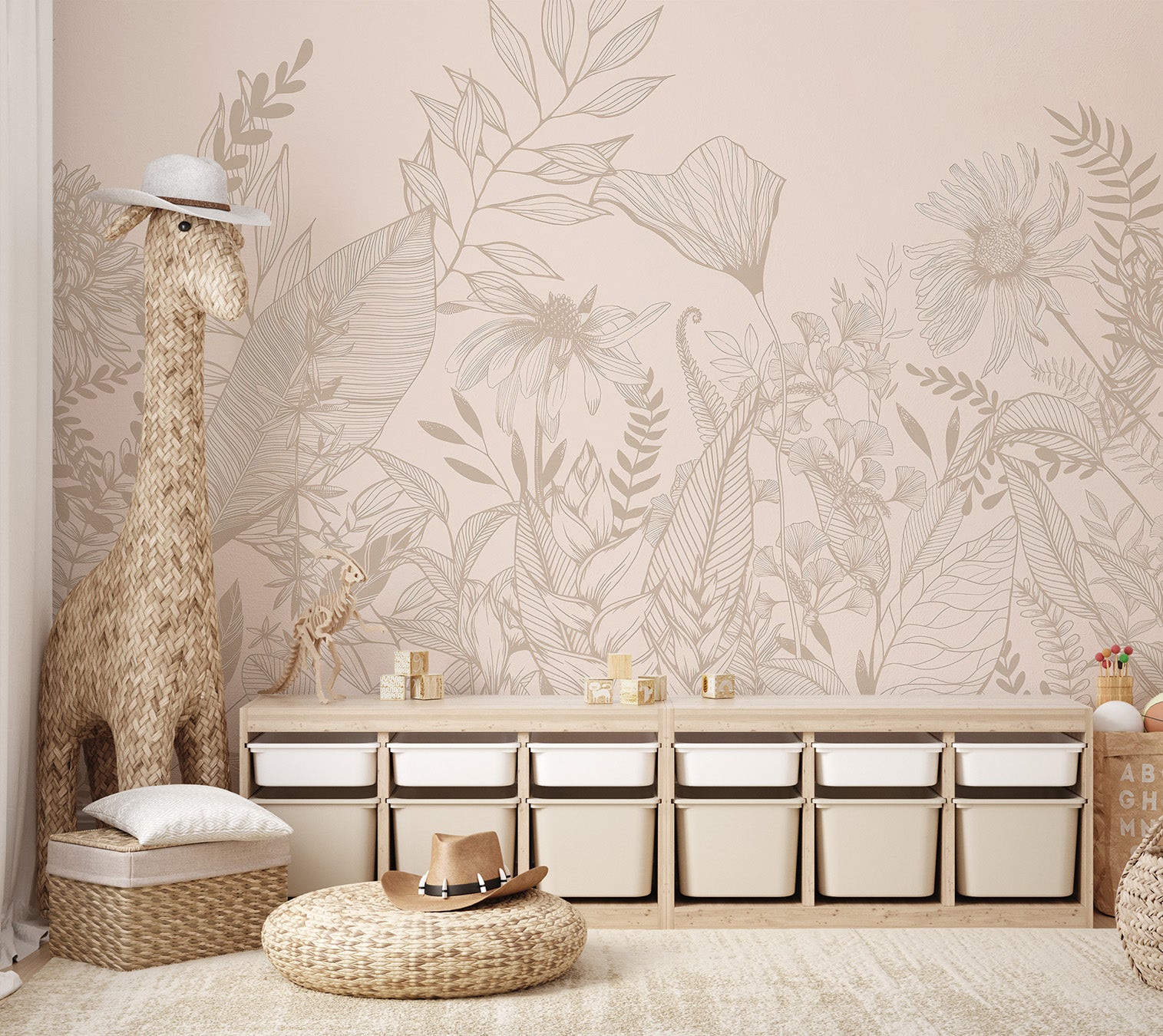 Minimalist botanical wallpaper featuring beige floral and plant illustrations.