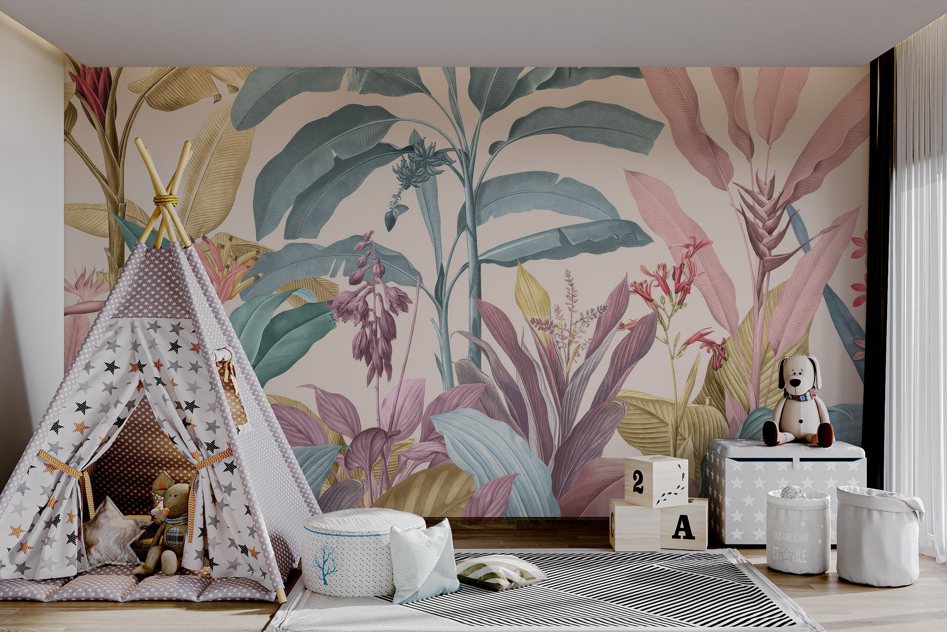 Tropical plant mural in pastel shades of blue, pink, and gold.