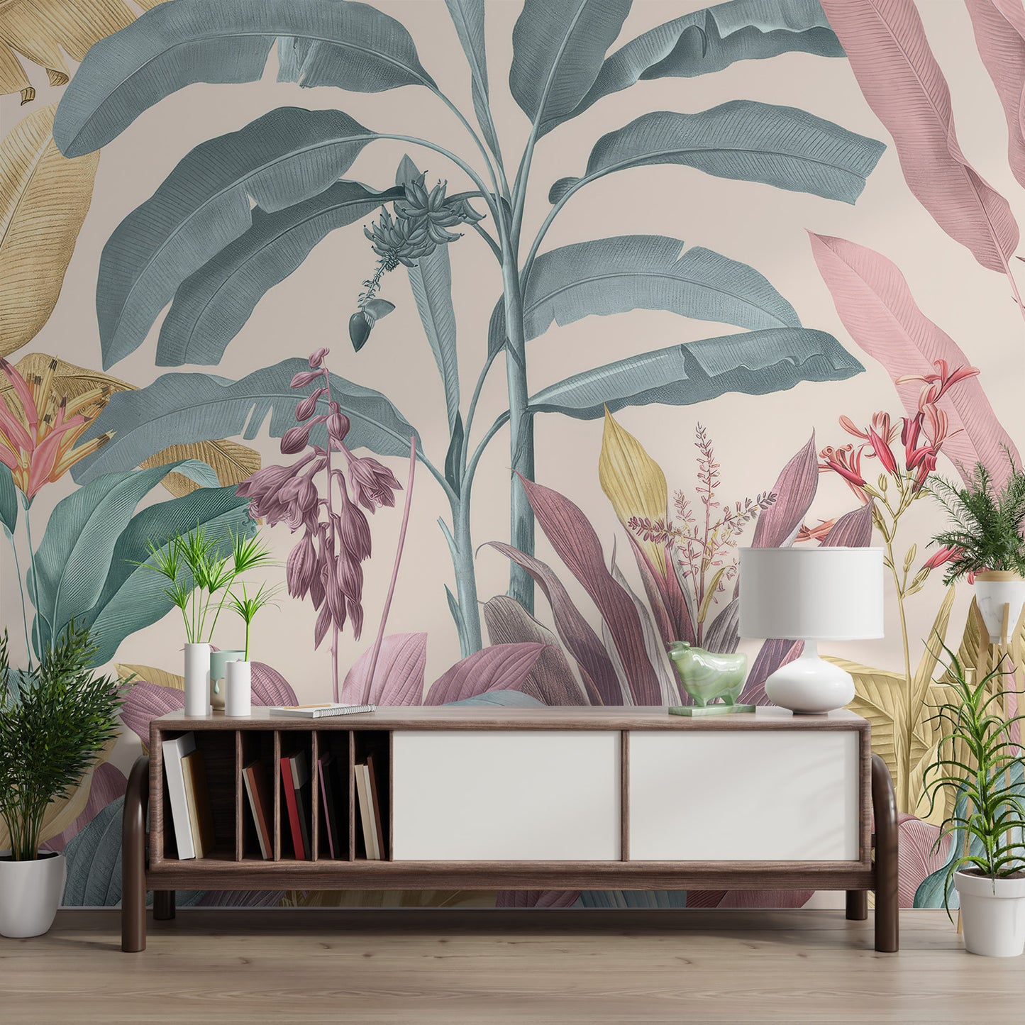 Vintage tropical leaves and flowers wallpaper in soft hues.