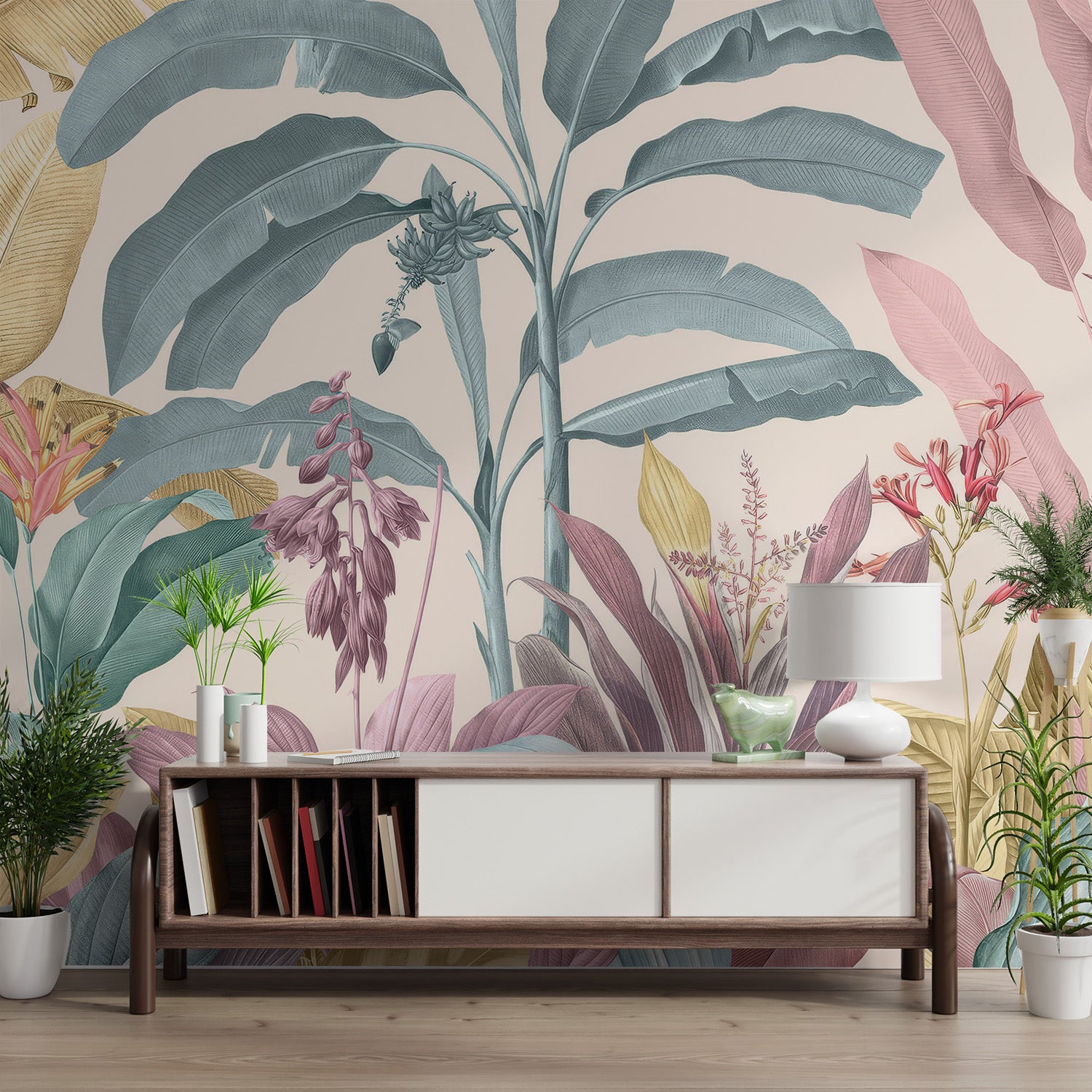 Vintage tropical leaves and flowers wallpaper in soft hues.