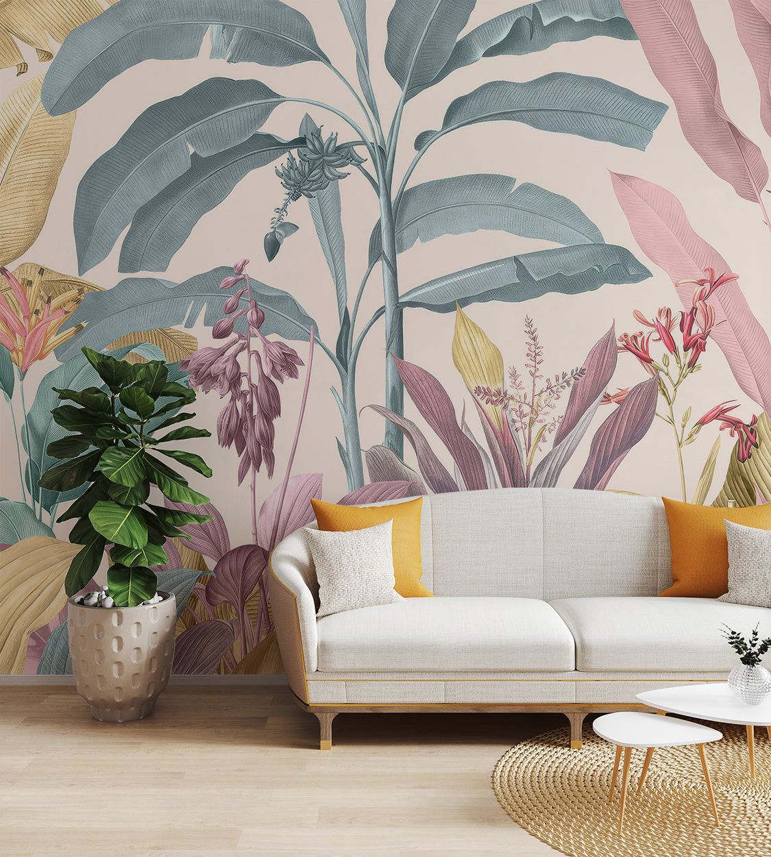 Elegant botanical wallpaper with pastel foliage and exotic plants.