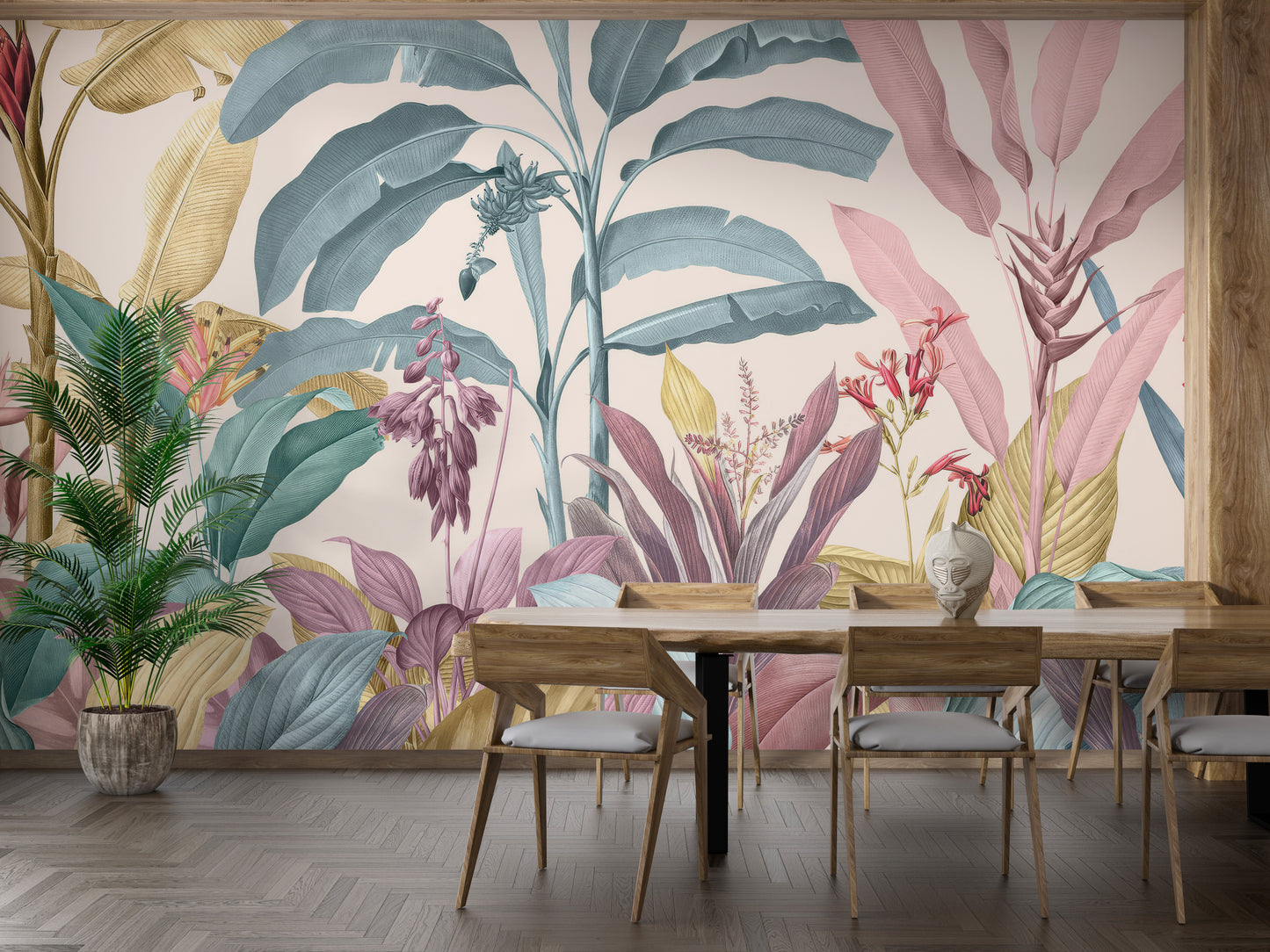 Soft tropical wallpaper featuring botanical elements and flowers.